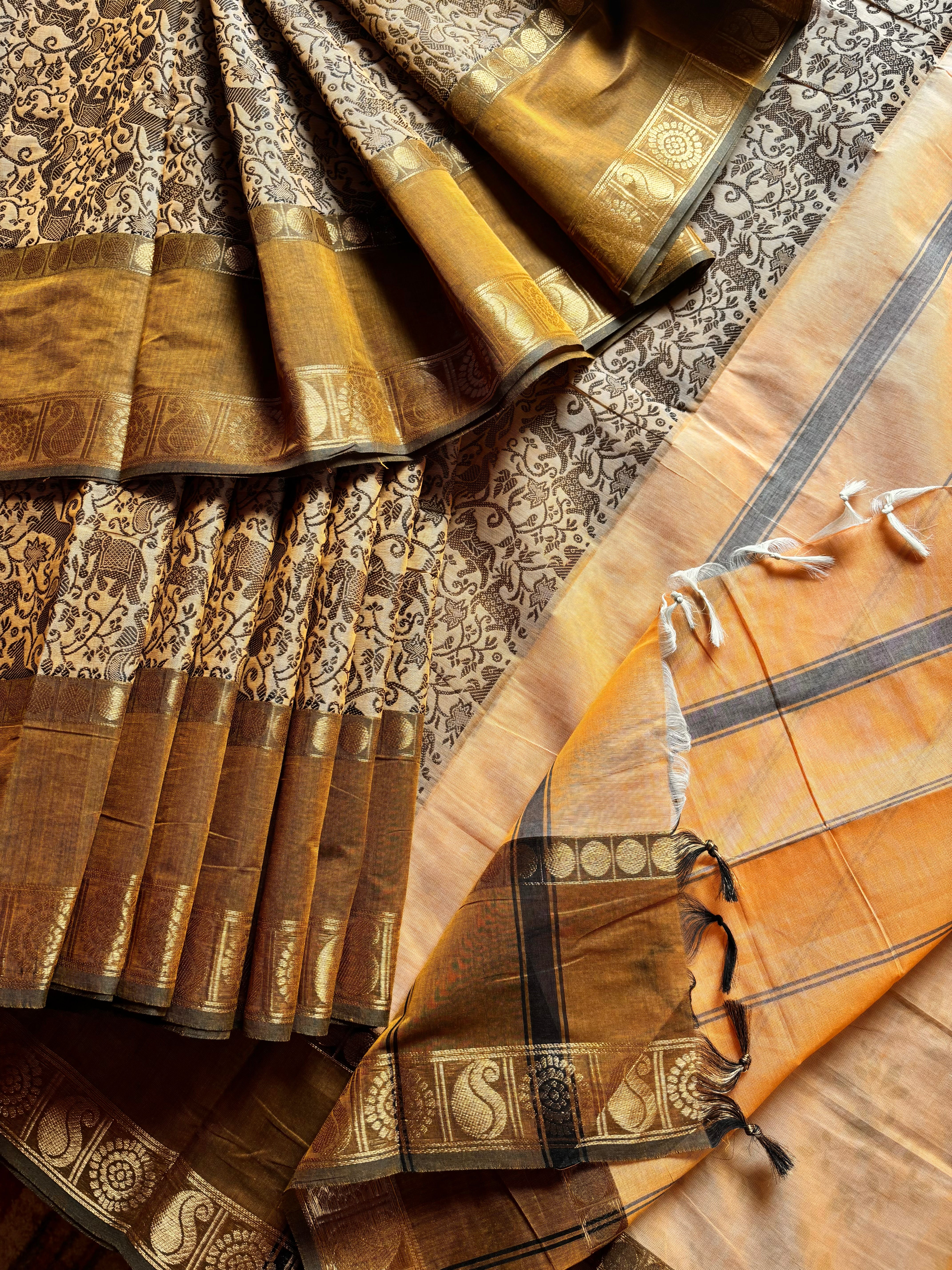 Pure Cotton Mustard Beige Kanchipuram Cotton Saree