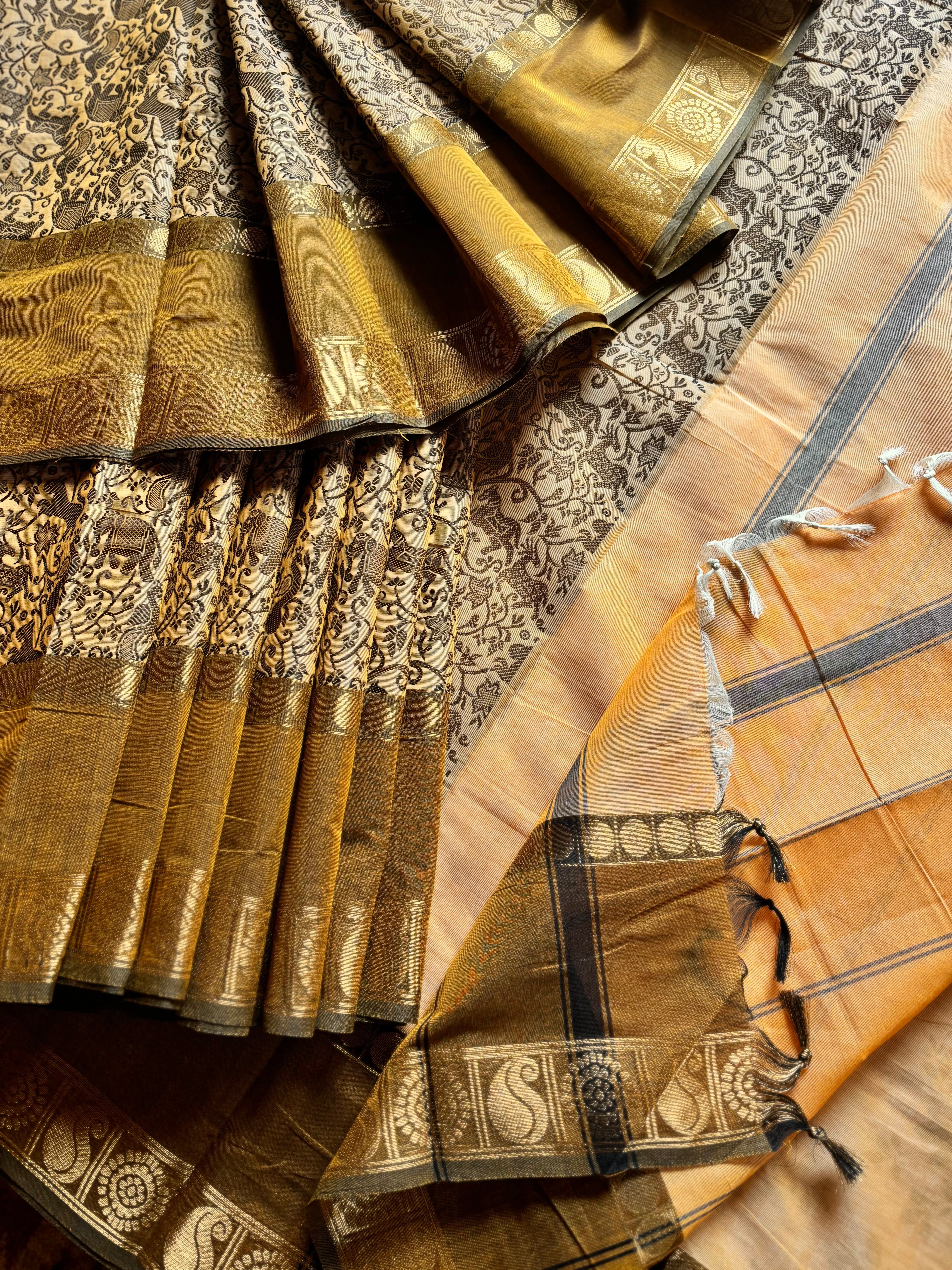 Pure Cotton Mustard Beige Kanchipuram Cotton Saree