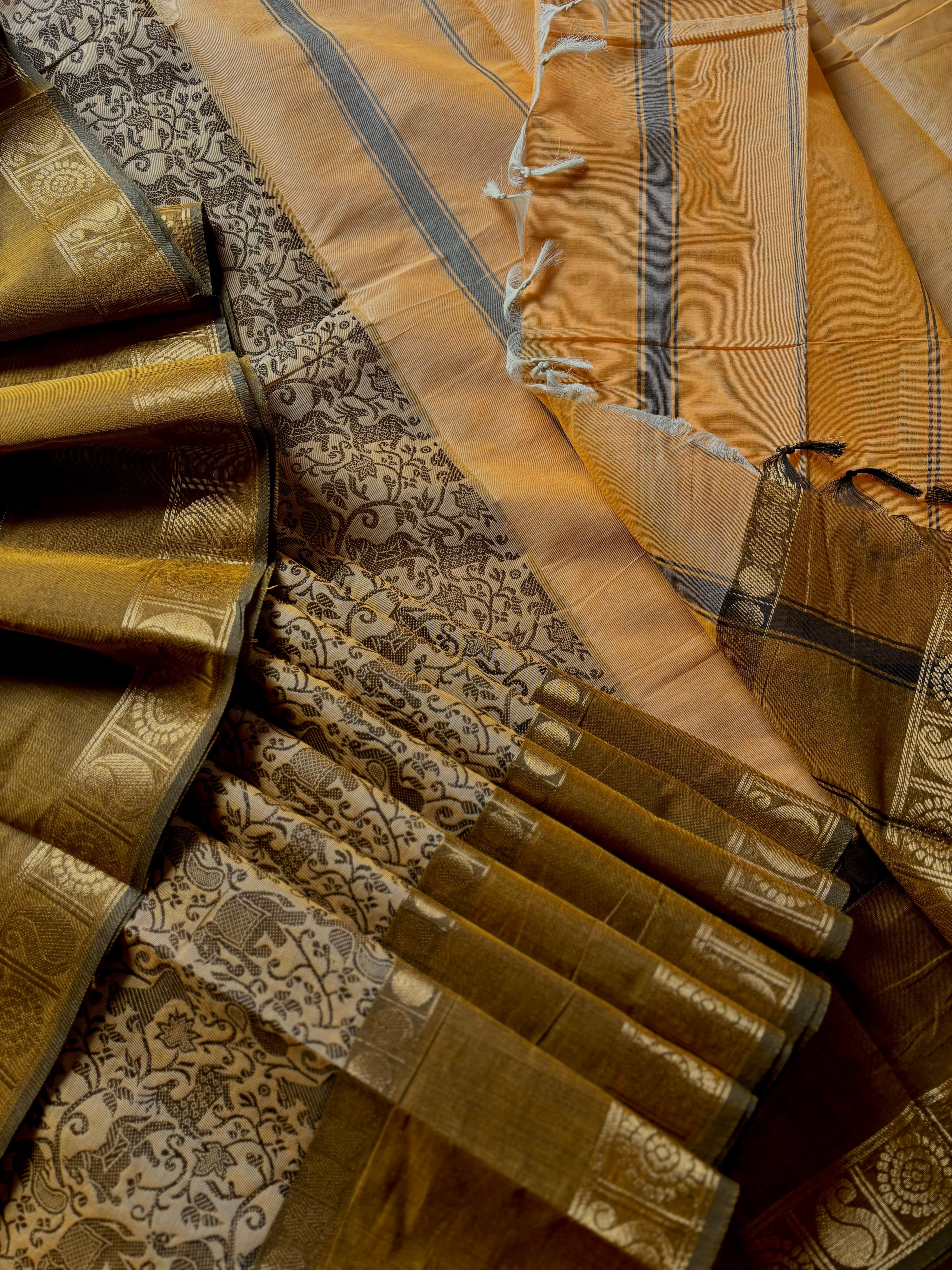 Pure Cotton Mustard Beige Kanchipuram Cotton Saree