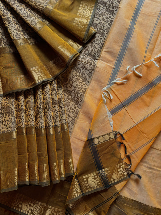Pure Cotton Mustard Beige Kanchipuram Cotton Saree