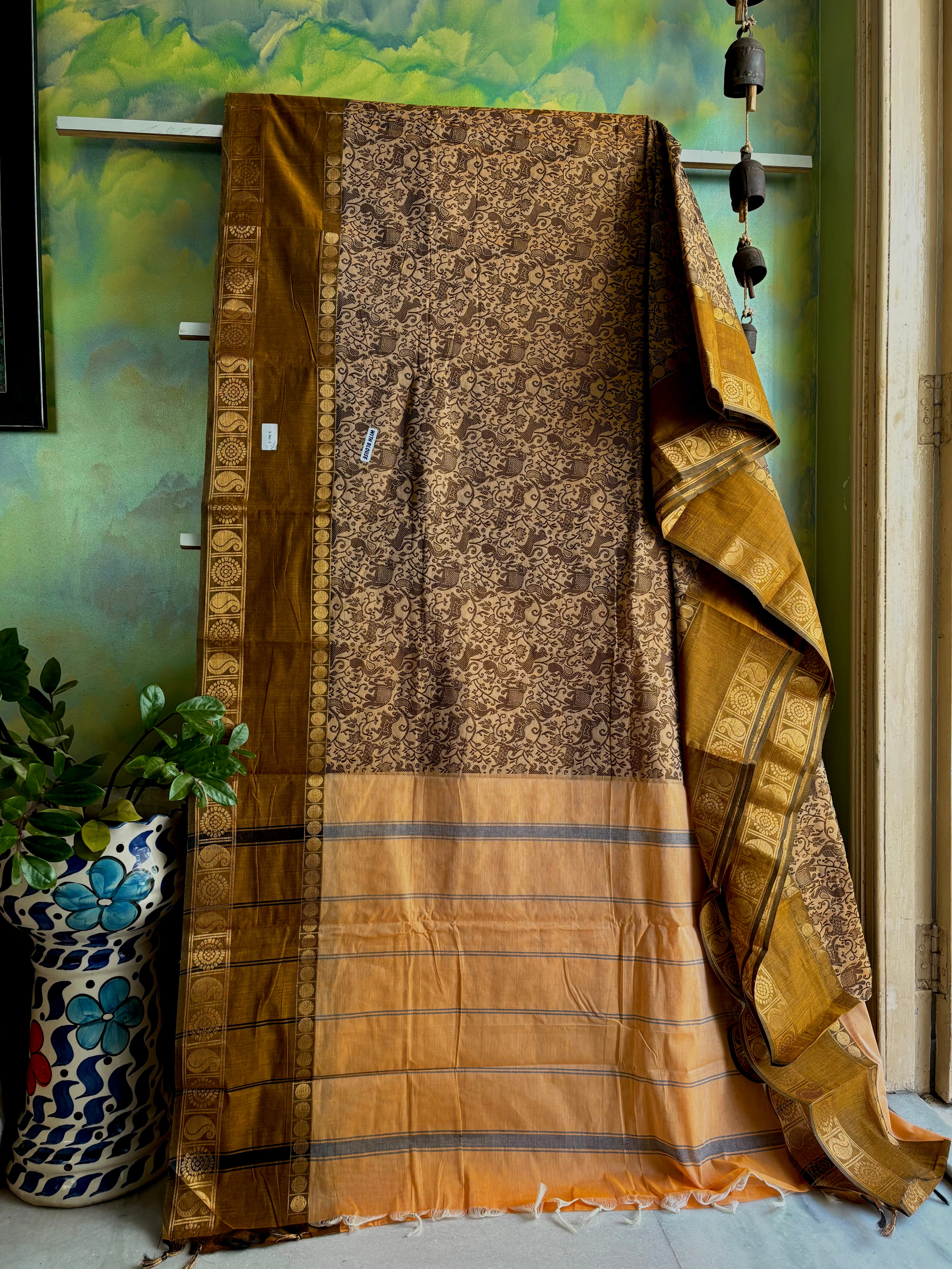 Pure Cotton Mustard Beige Kanchipuram Cotton Saree