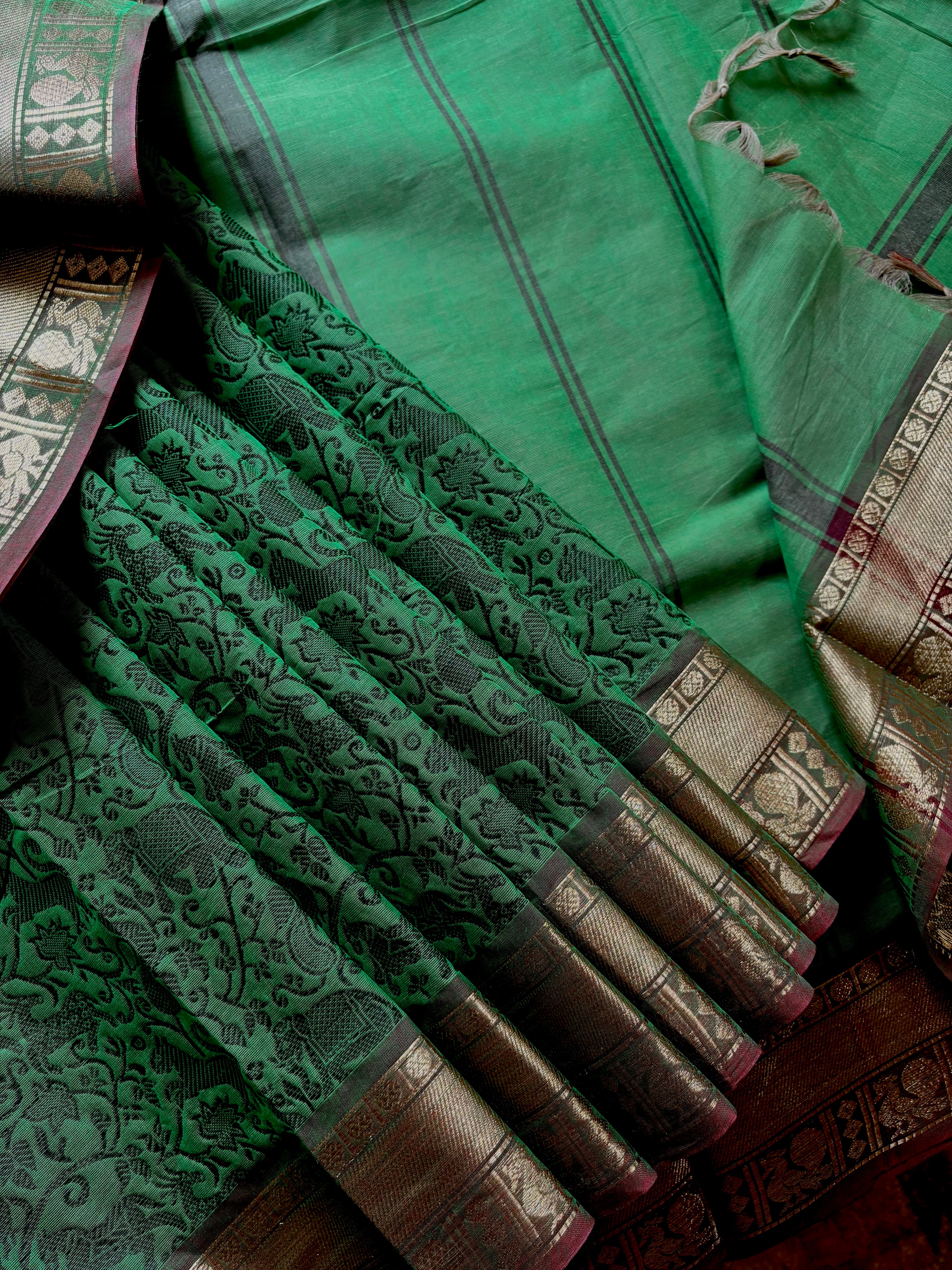 Pure Cotton Green Colour Kanchipuram Cotton Saree