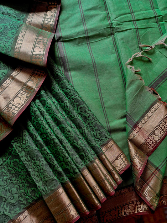 Pure Cotton Green Colour Kanchipuram Cotton Saree