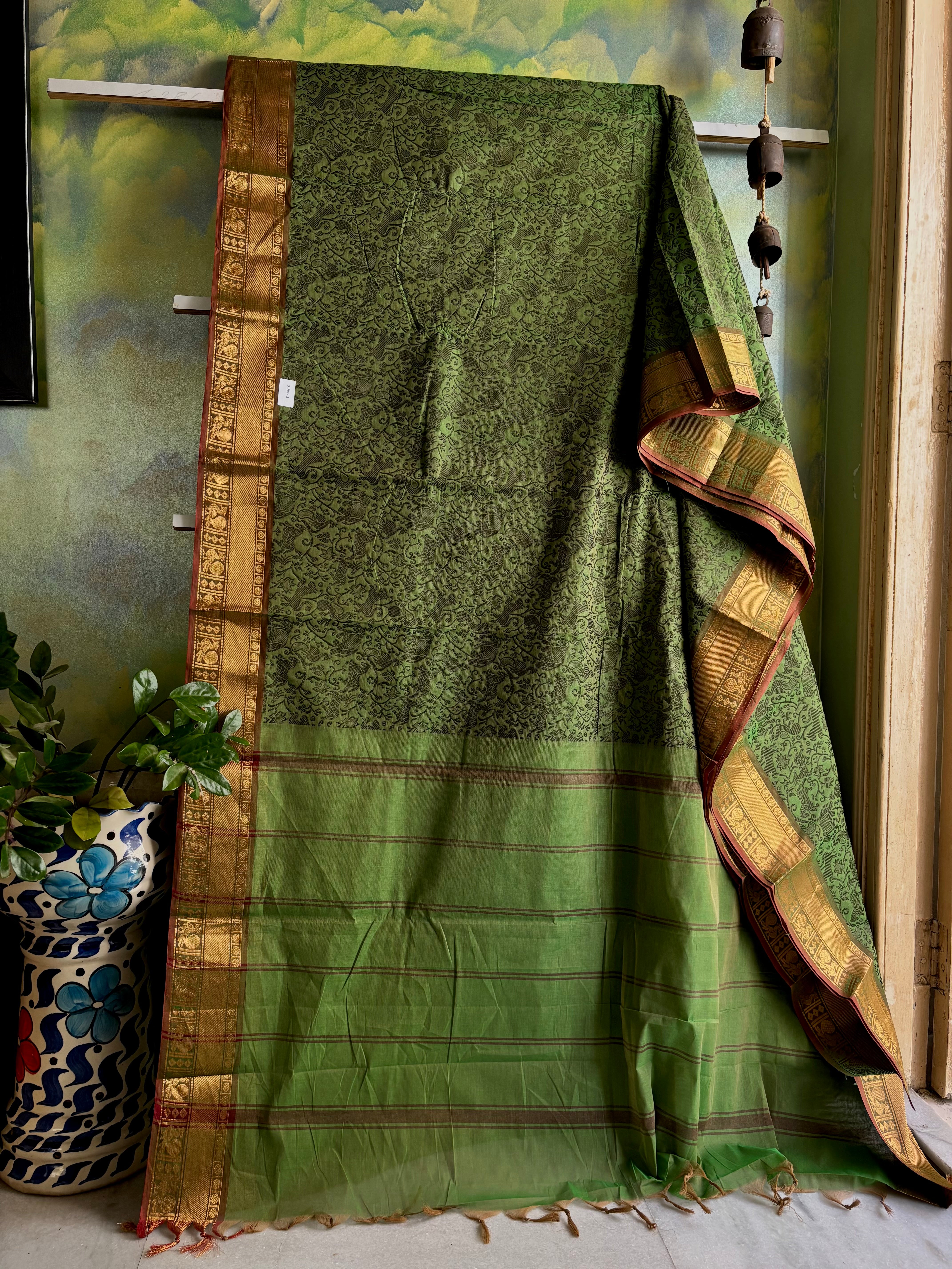 Pure Cotton Green Colour Kanchipuram Cotton Saree