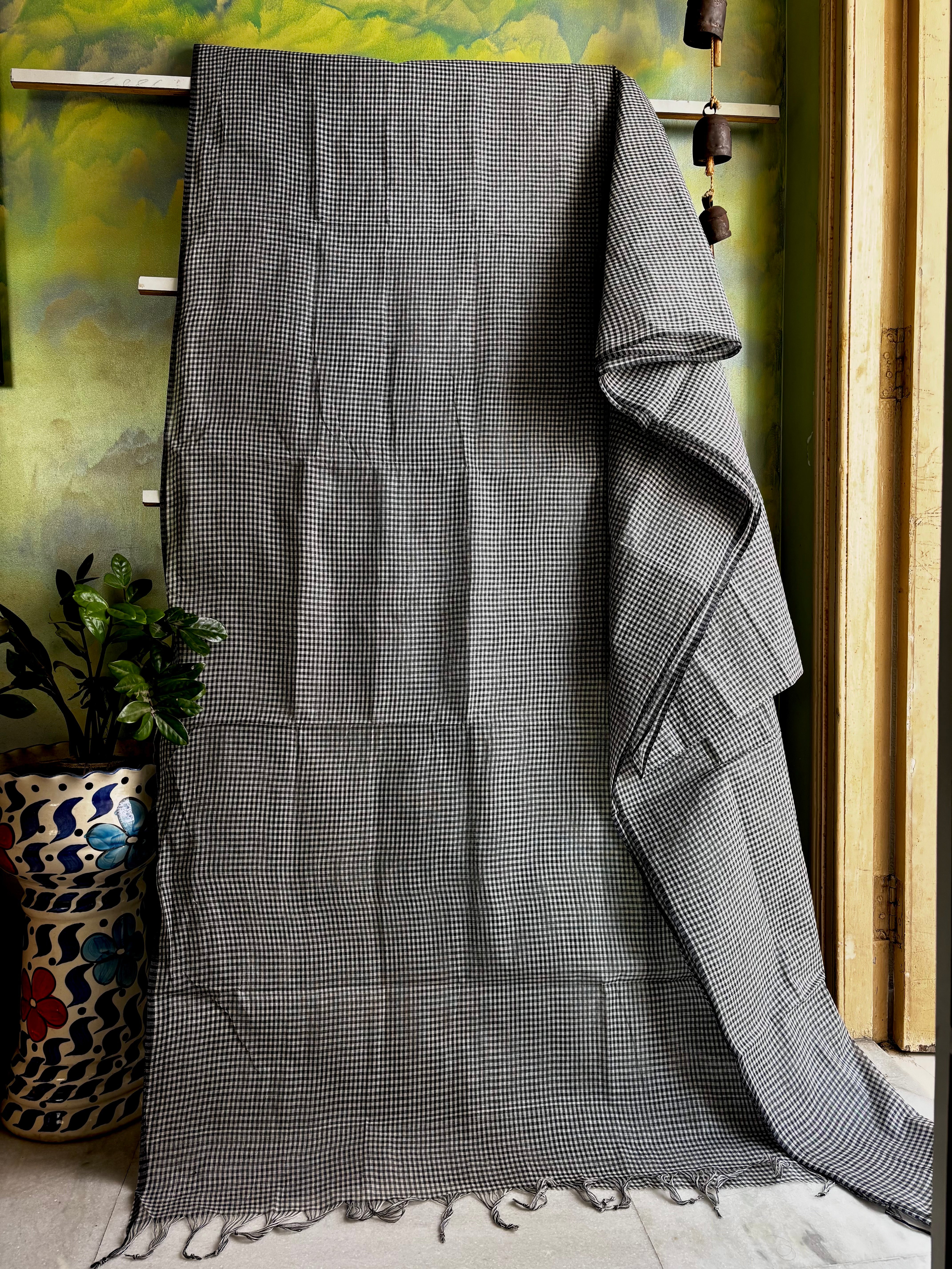 Handwoven White Black Dhonekhali Cotton Saree