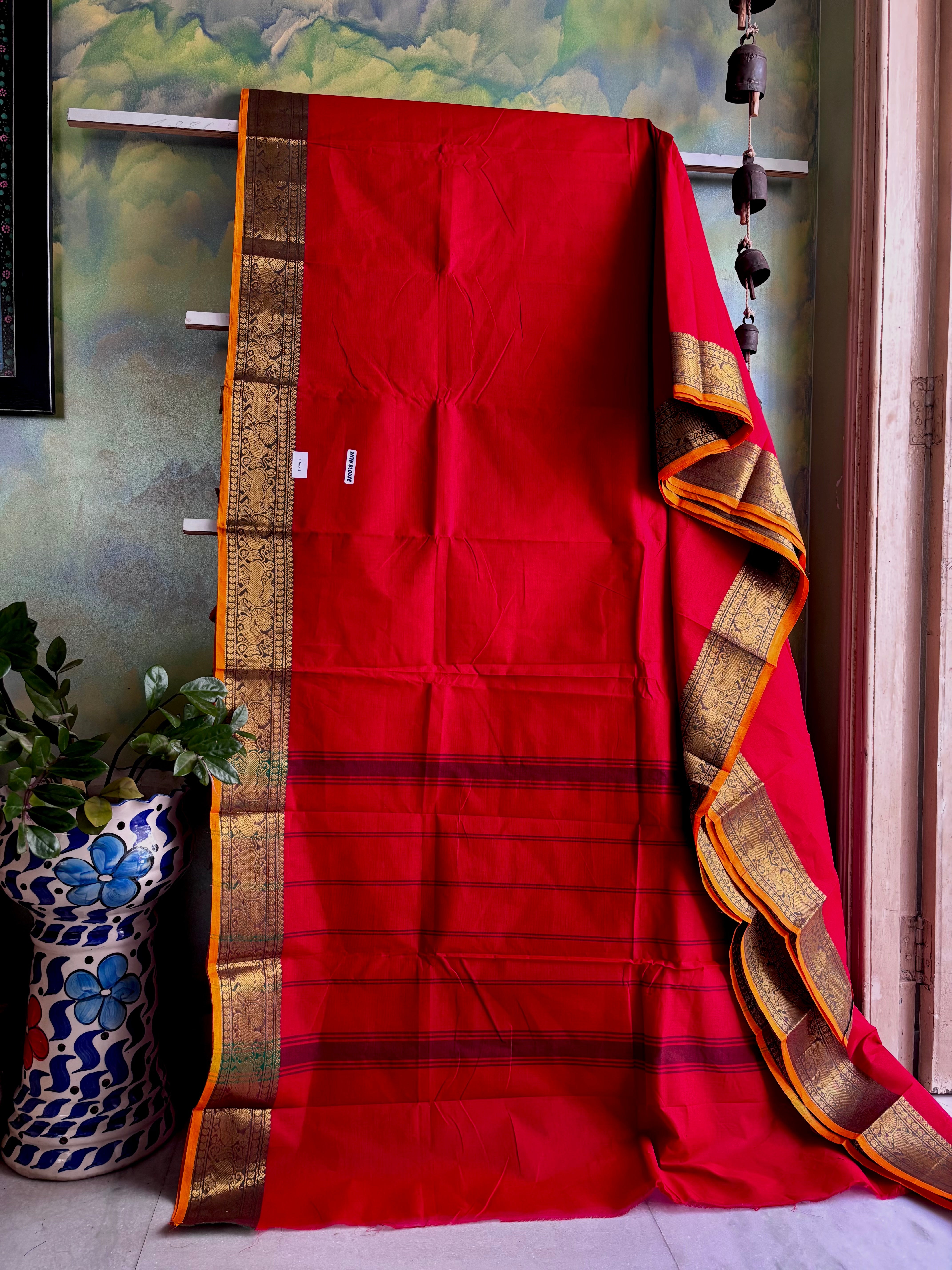 Pure Cotton Red Zari Kanchipuram Saree
