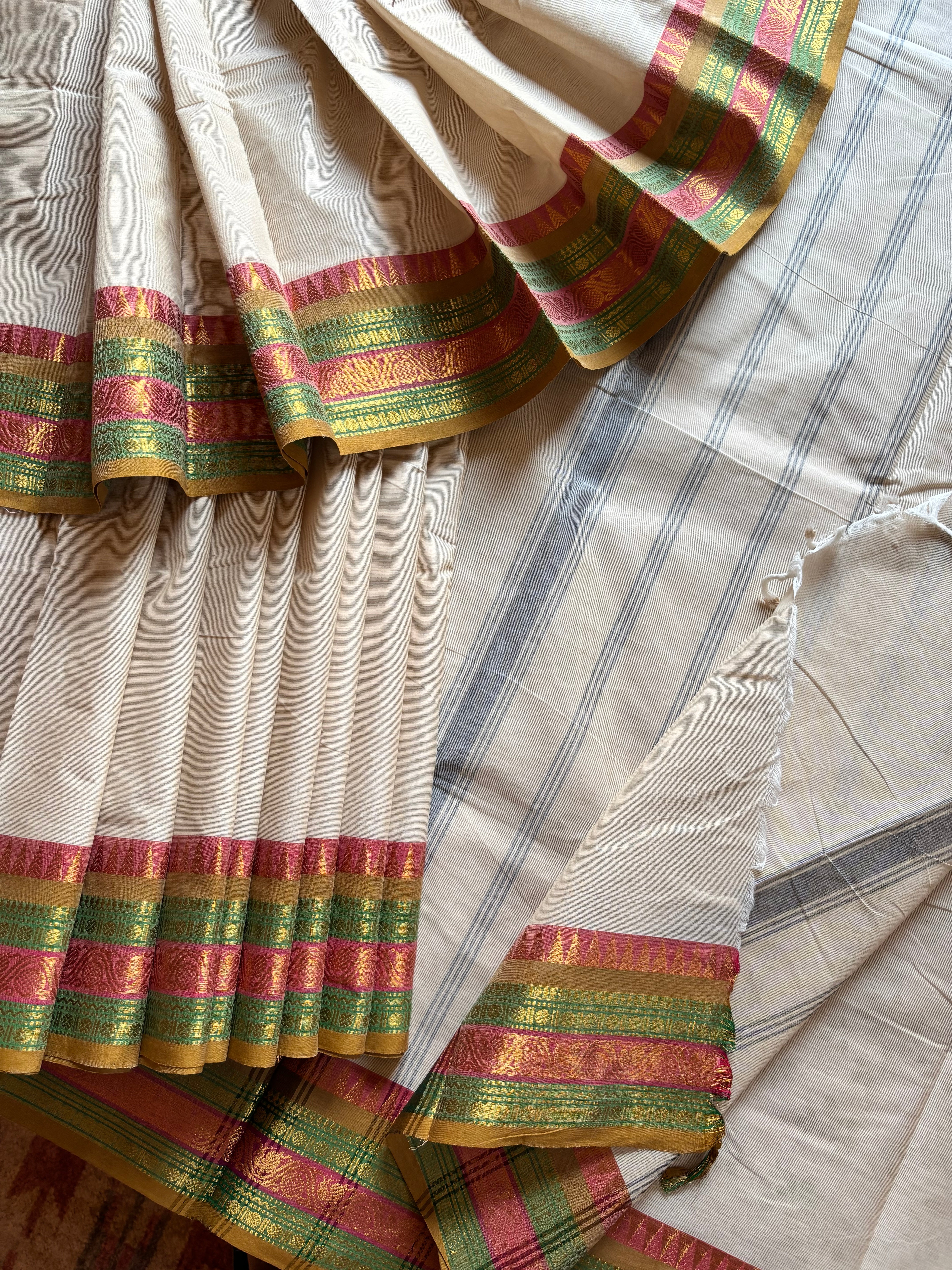 Pure Cotton Offwhite Multicolour Border Kanchipuram Saree