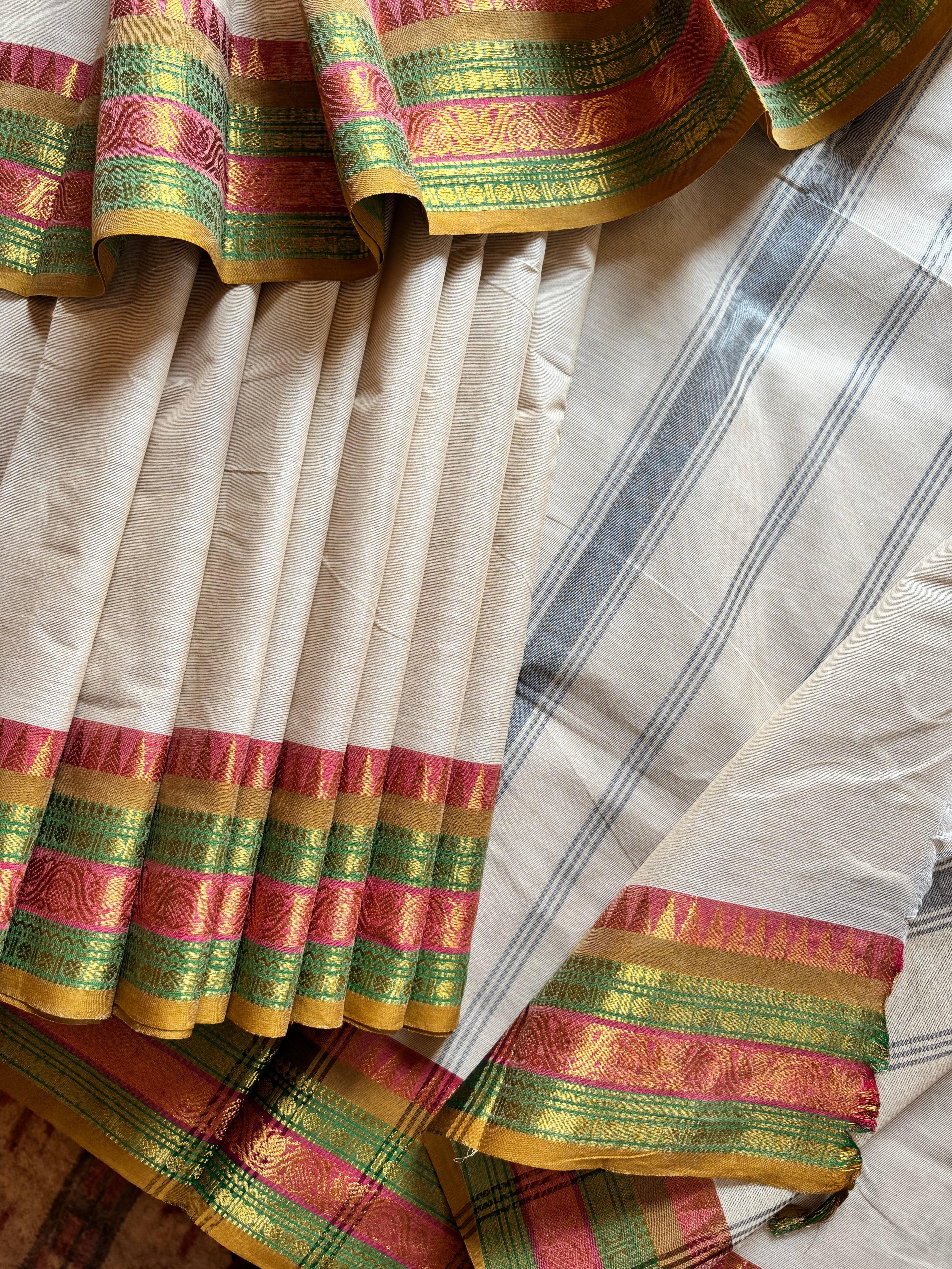 Pure Cotton Offwhite Multicolour Border Kanchipuram Saree