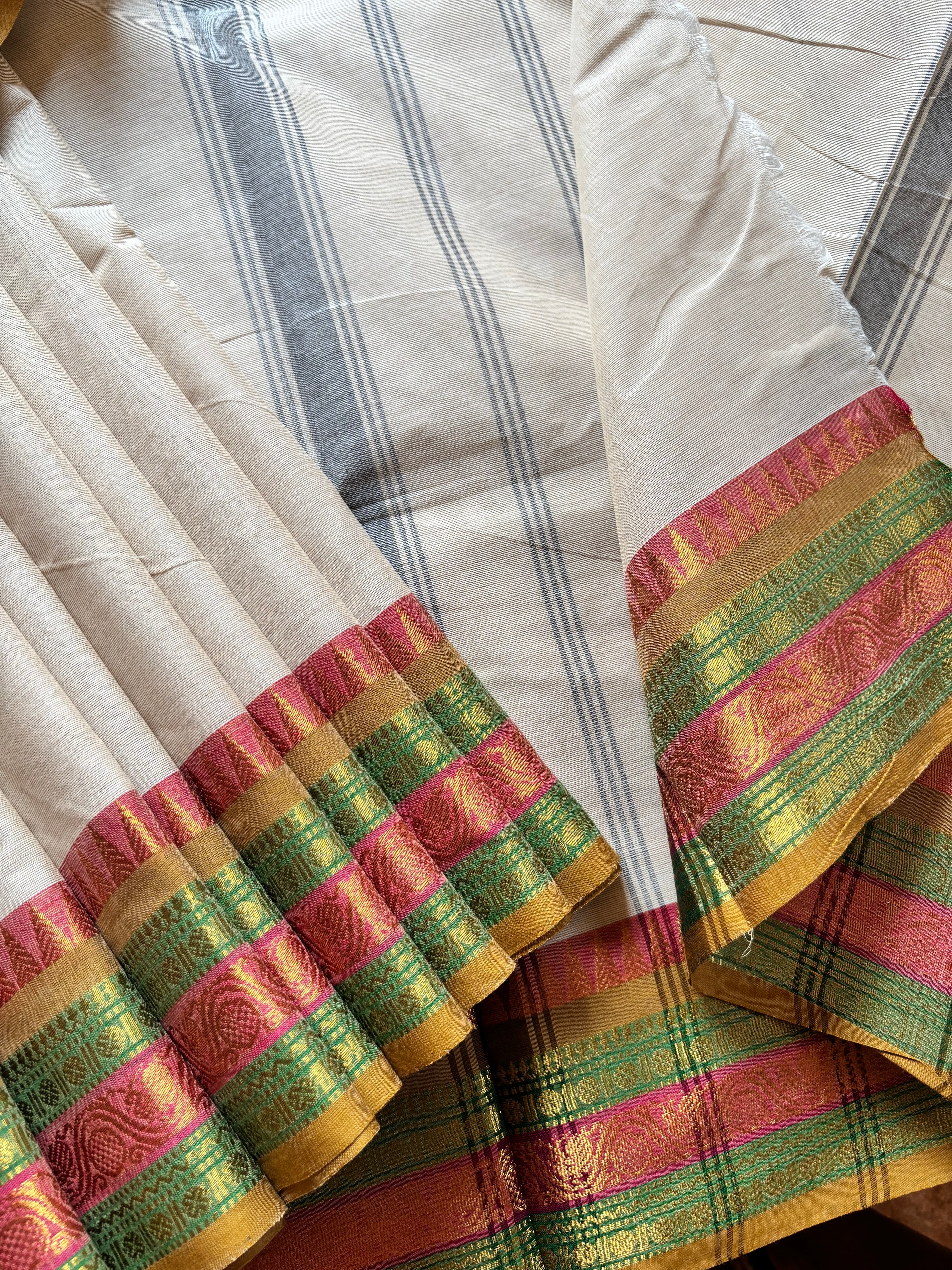 Pure Cotton Offwhite Multicolour Border Kanchipuram Saree