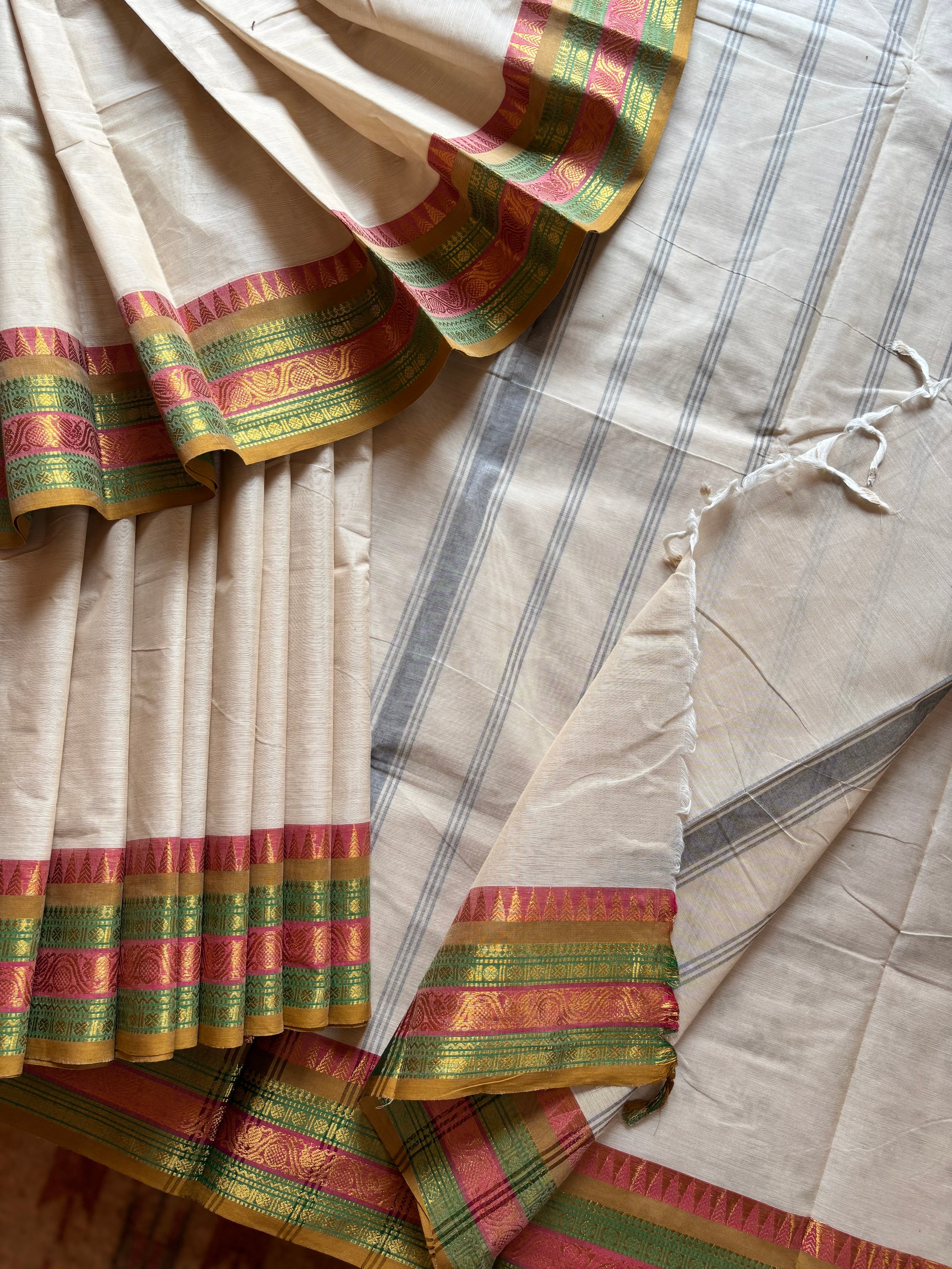 Pure Cotton Offwhite Multicolour Border Kanchipuram Saree