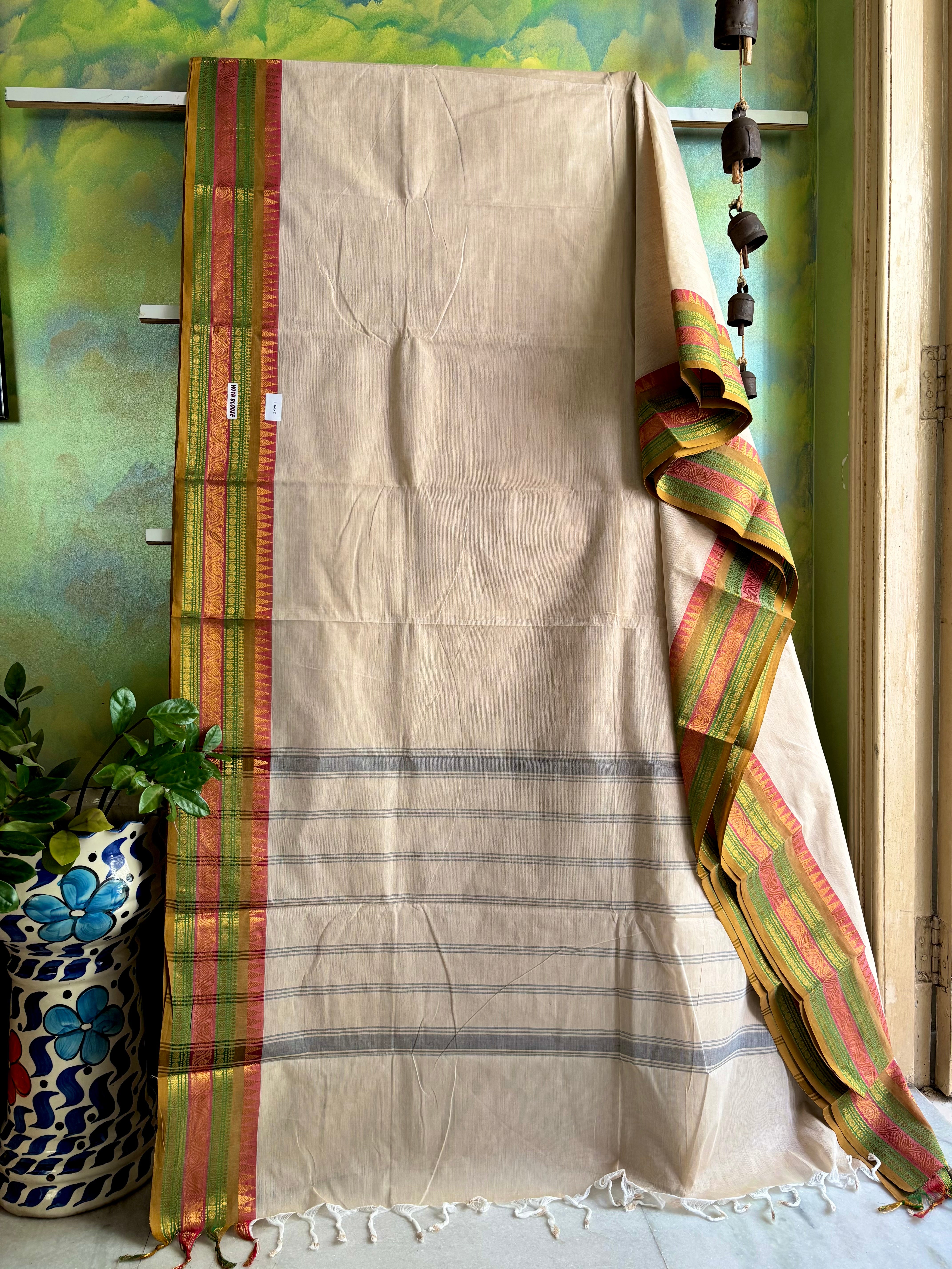 Pure Cotton Offwhite Multicolour Border Kanchipuram Saree