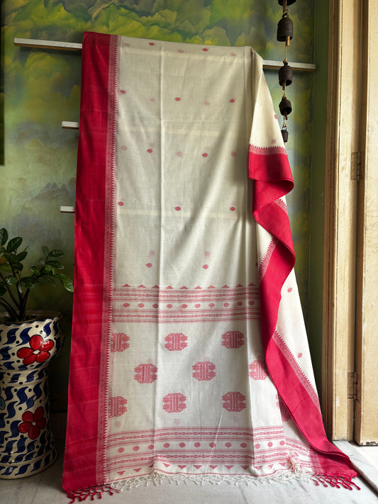 Handwoven Ivory Red Cotton Jamdani Saree