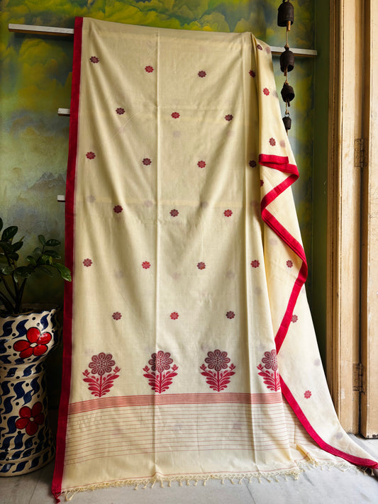 Handwoven Cream Red Maroon Colour Cotton Jamdani Saree