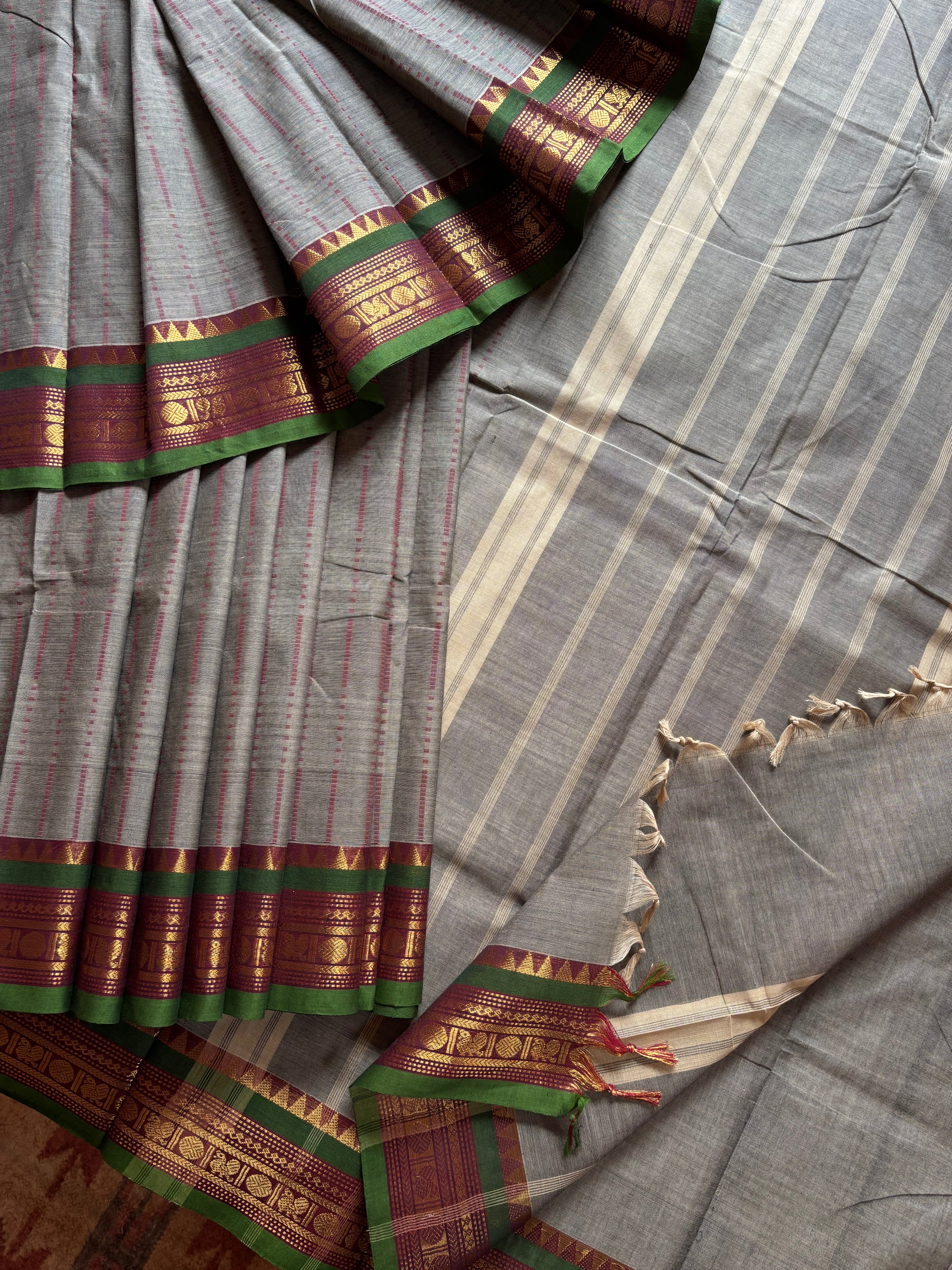 Pure Cotton Grey with Red Green Kanchipuram Saree