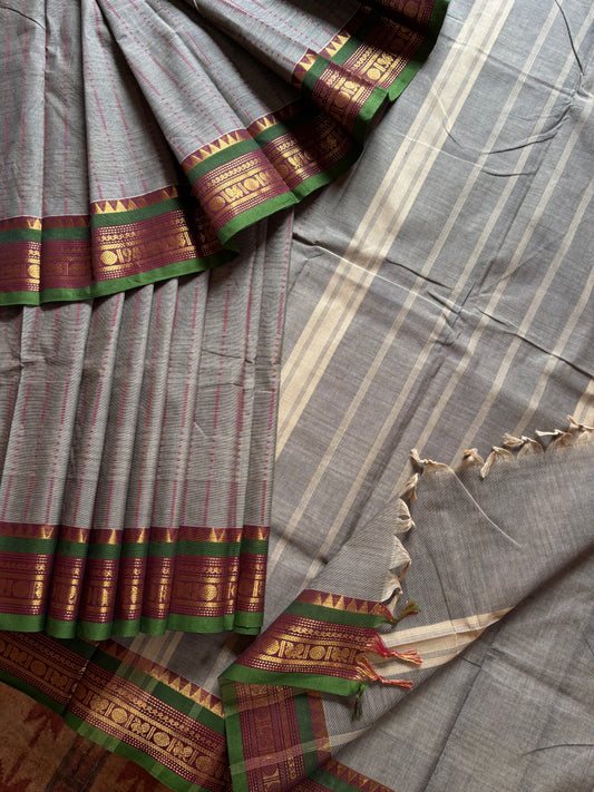 Pure Cotton Grey with Red Green Kanchipuram Saree