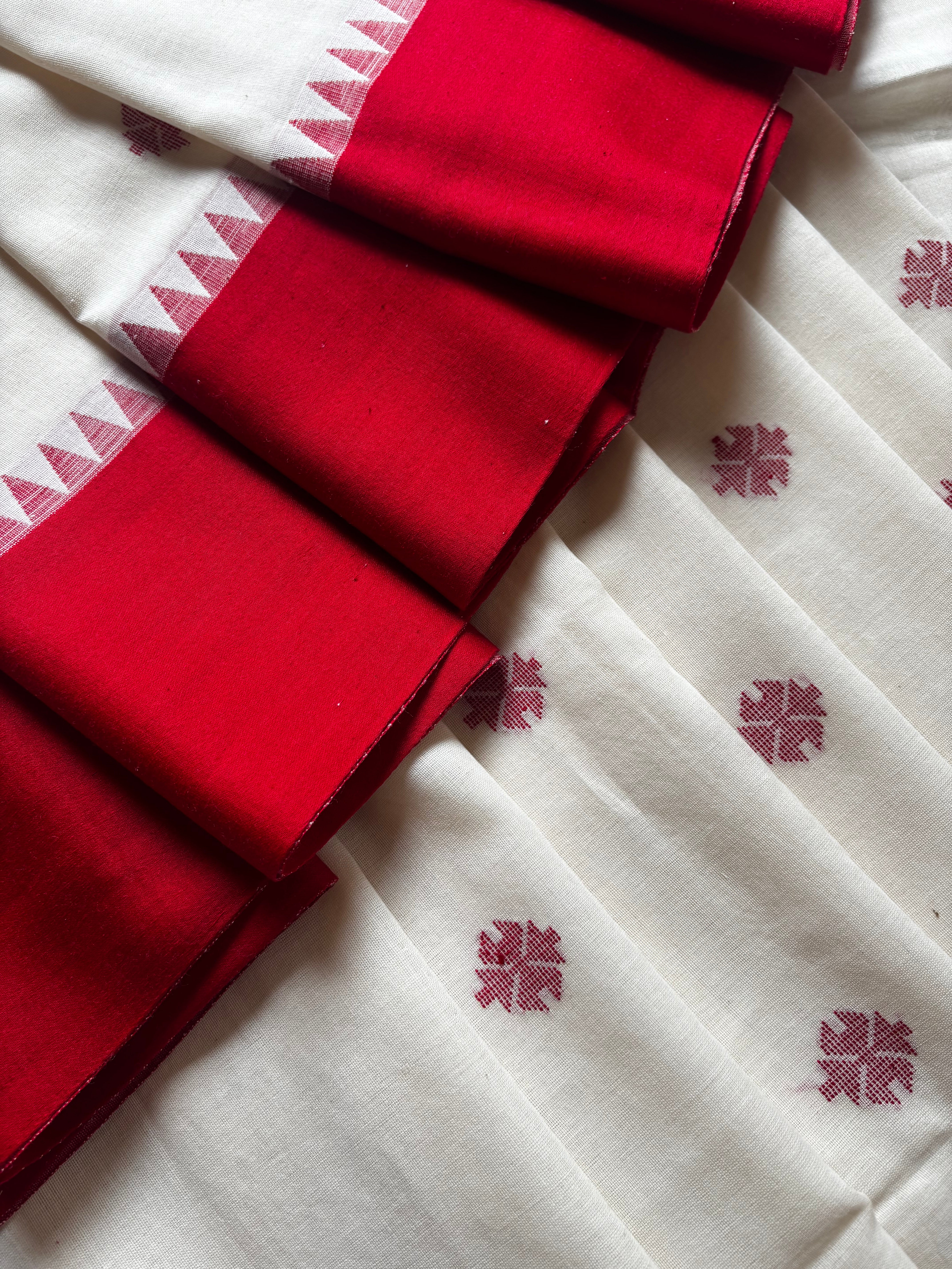 Handwoven Cream Red Cotton Jamdani Saree