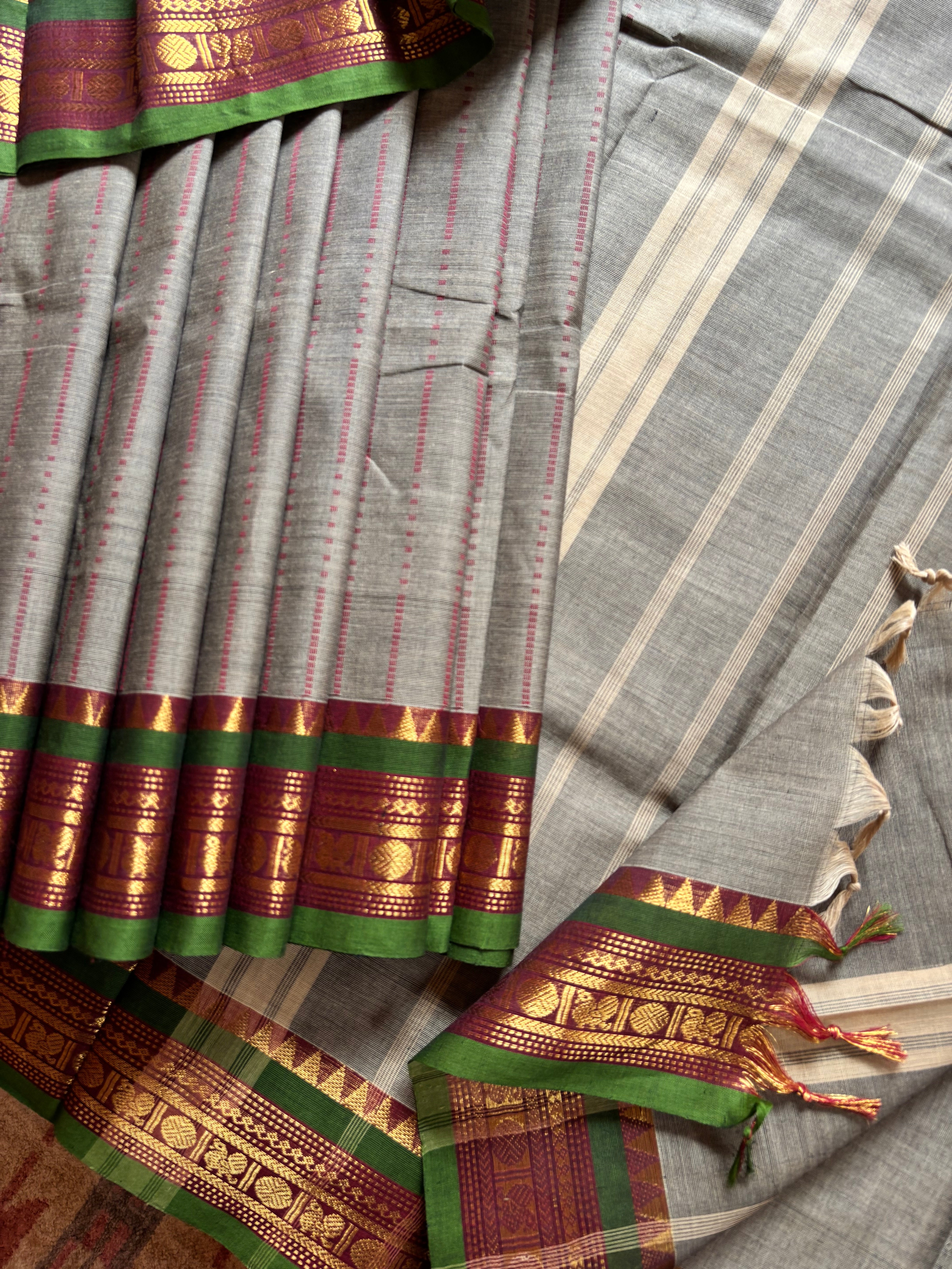 Pure Cotton Grey with Red Green Kanchipuram Saree