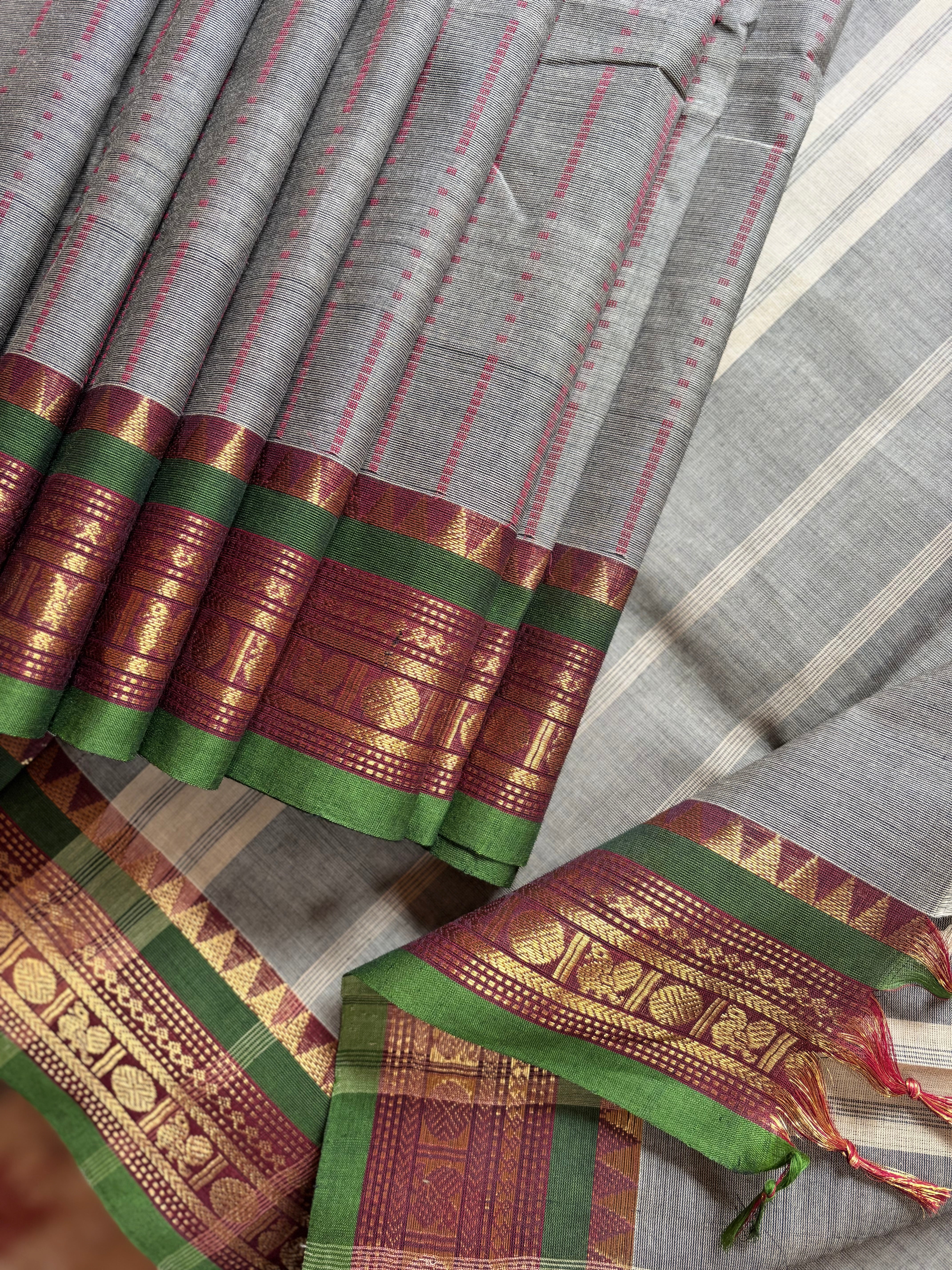 Pure Cotton Grey with Red Green Kanchipuram Saree