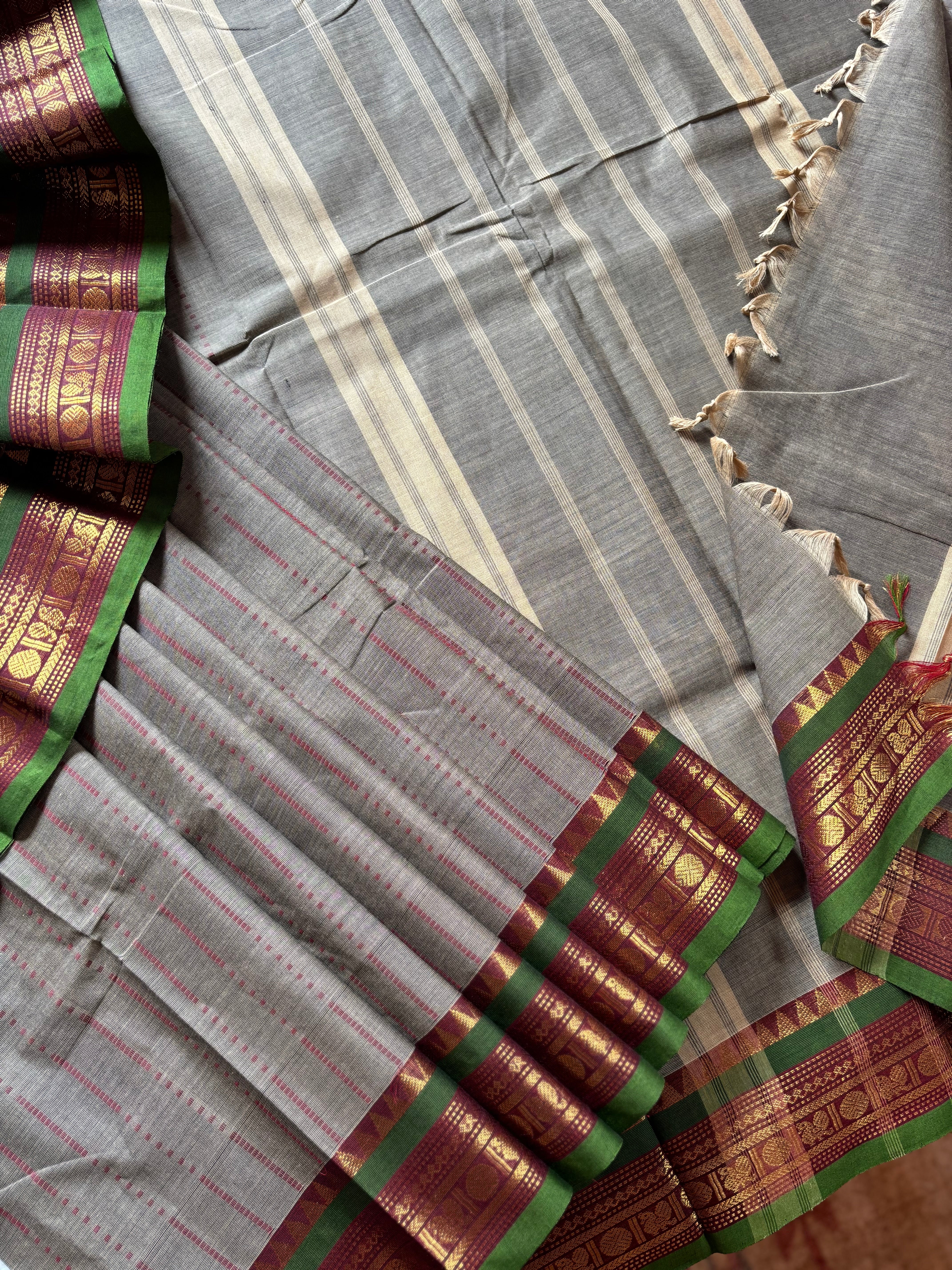 Pure Cotton Grey with Red Green Kanchipuram Saree