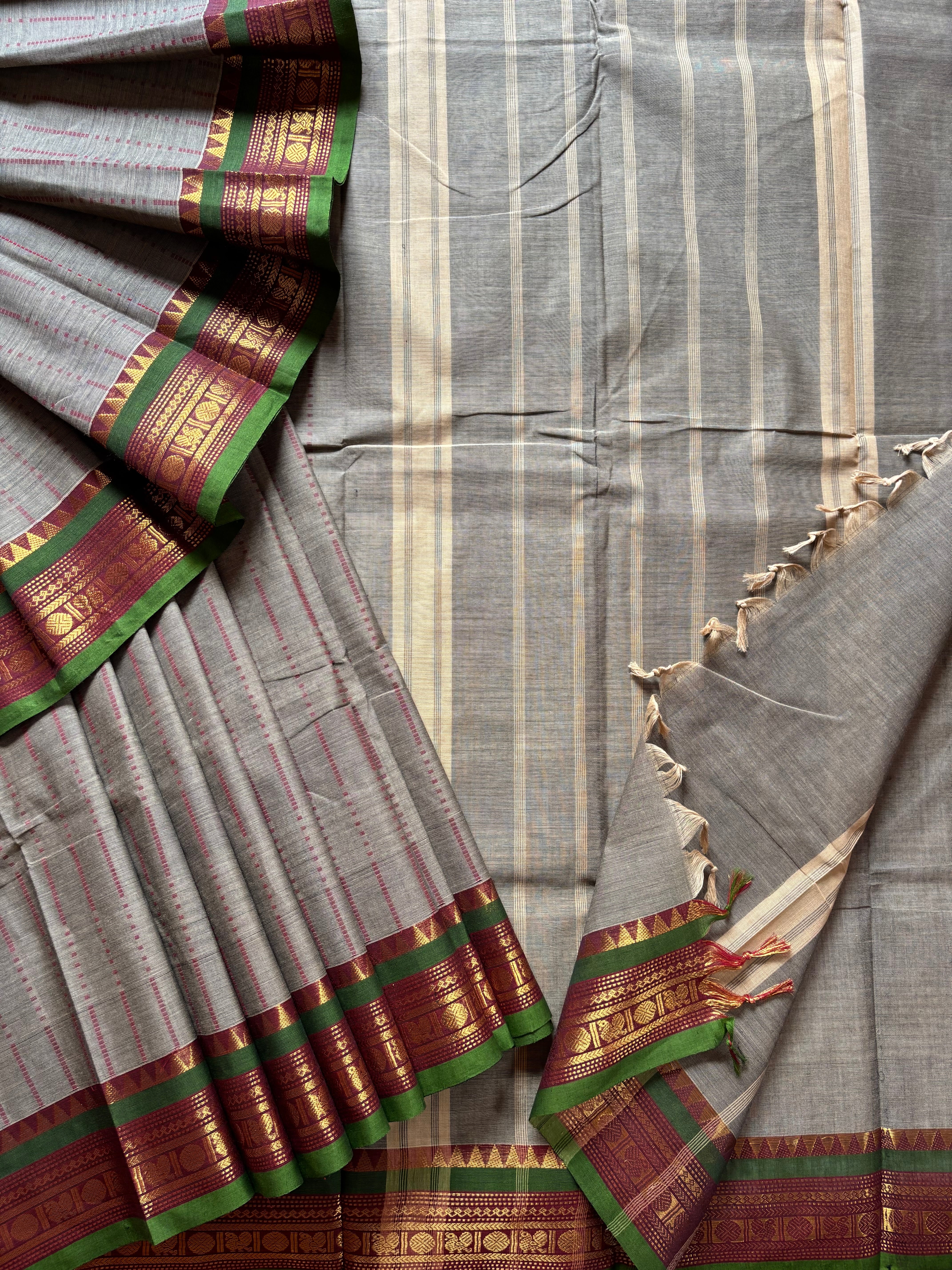 Pure Cotton Grey with Red Green Kanchipuram Saree