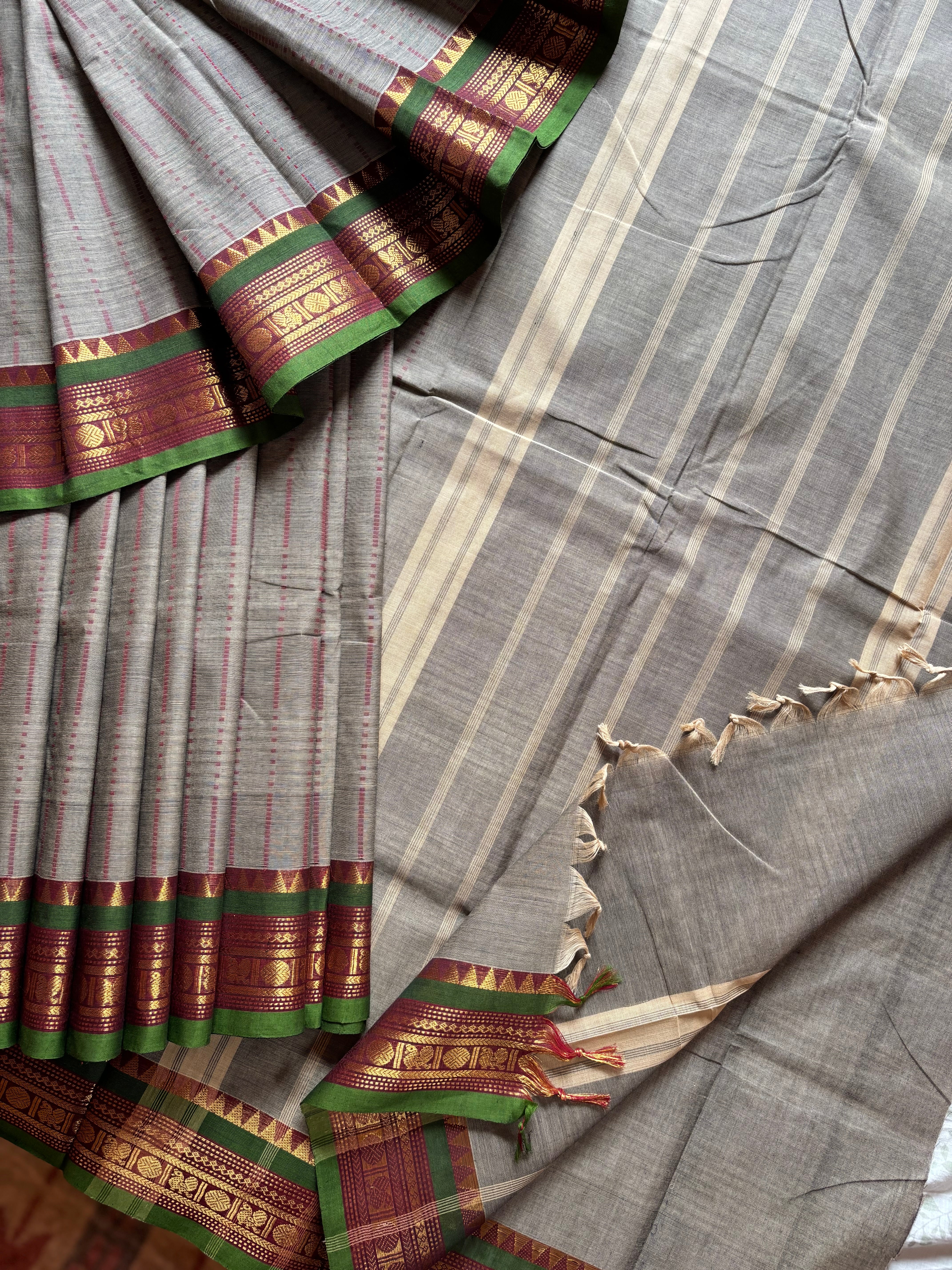 Pure Cotton Grey with Red Green Kanchipuram Saree