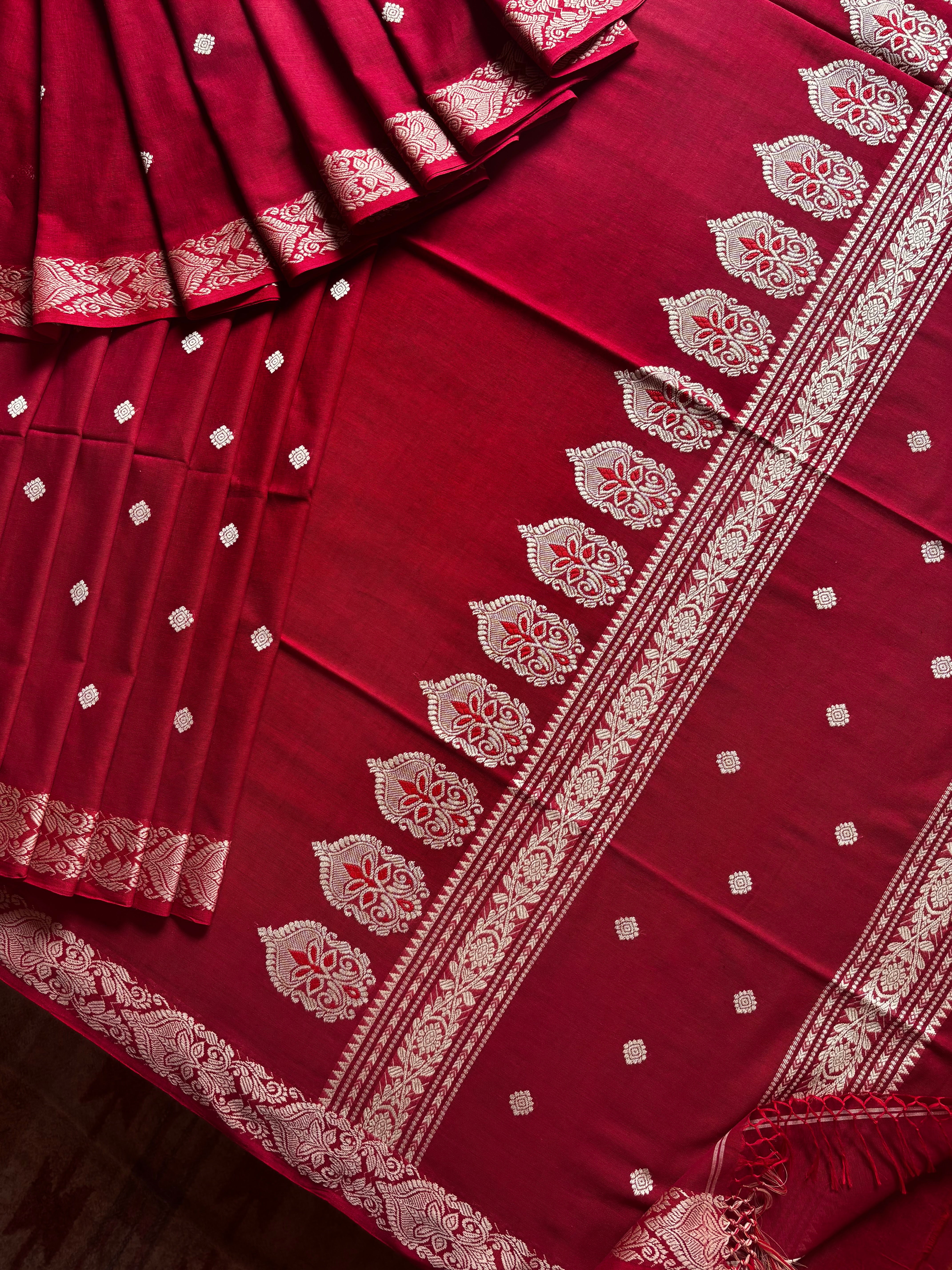 Handwoven Dark Red Beige Phulia Cotton Saree