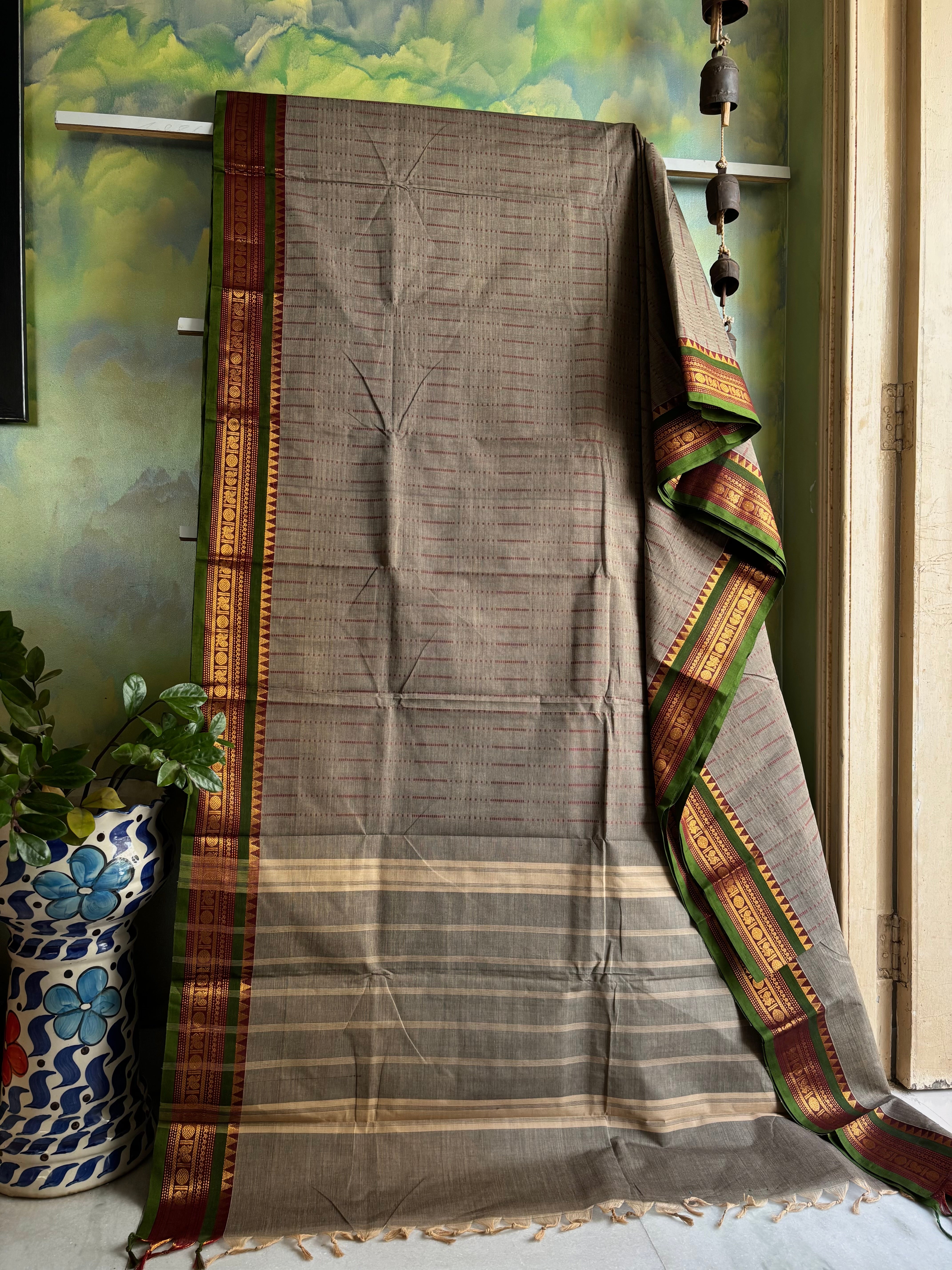 Pure Cotton Grey with Red Green Kanchipuram Saree