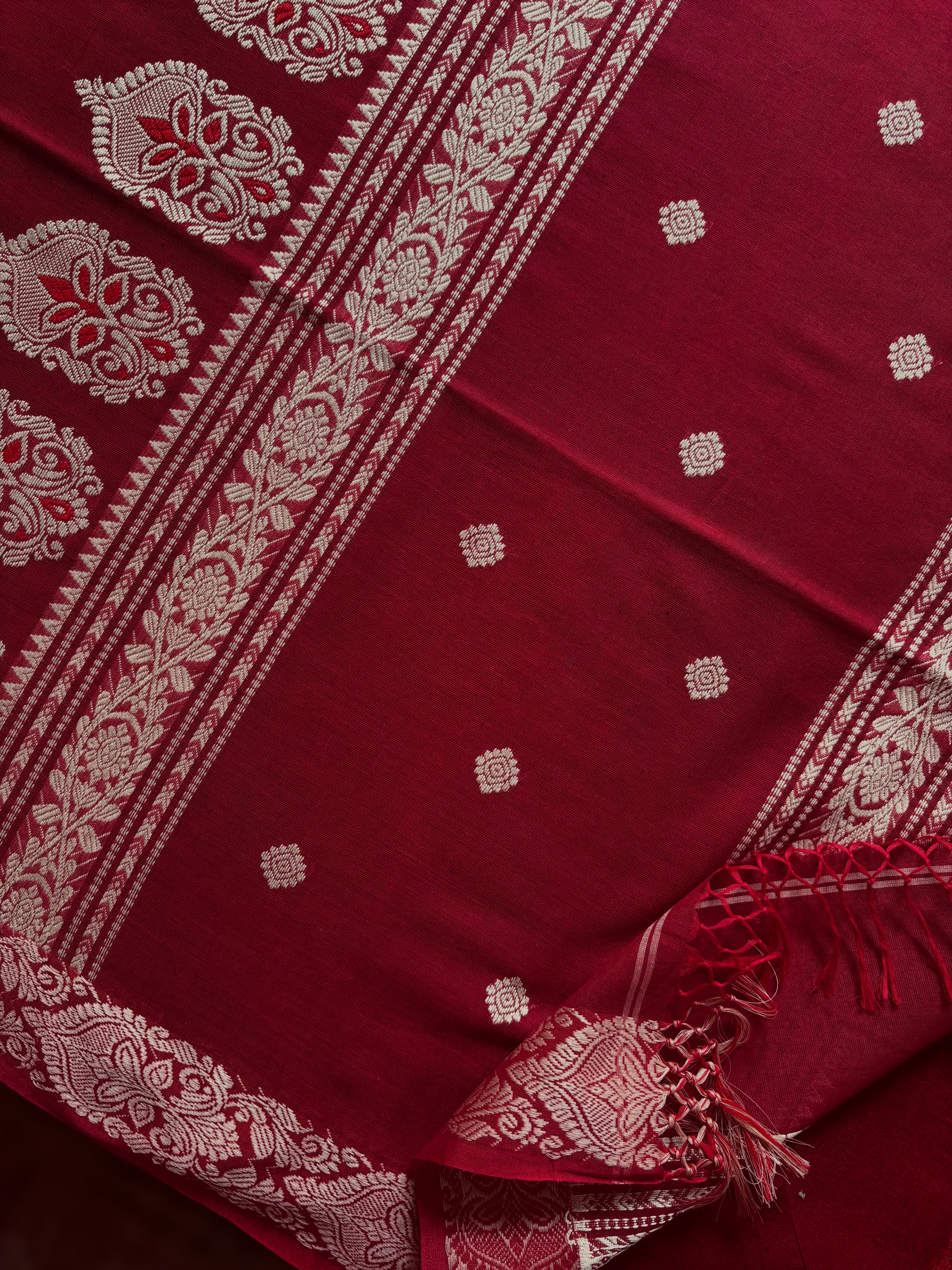 Handwoven Dark Red Beige Phulia Cotton Saree