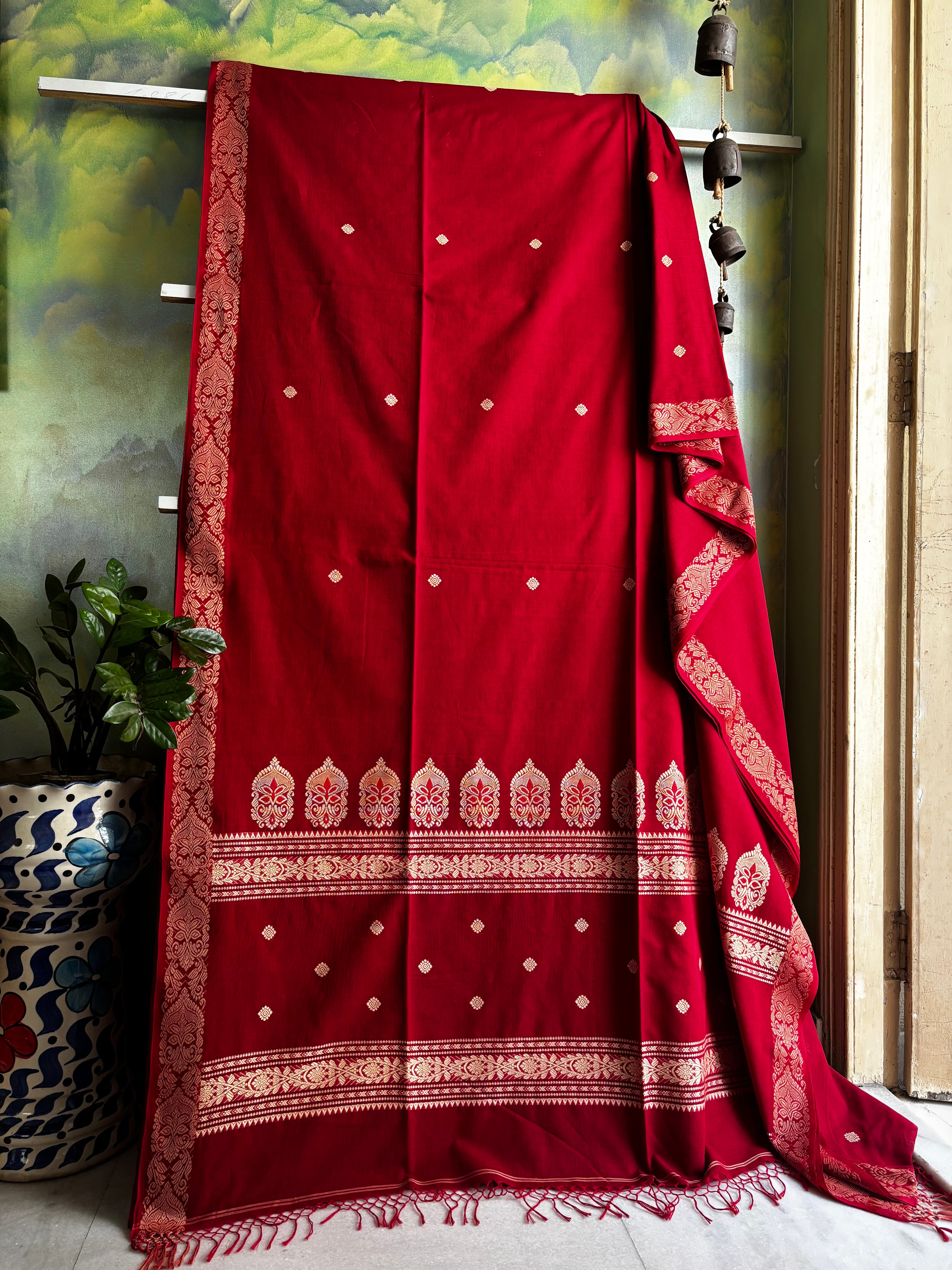 Handwoven Dark Red Beige Phulia Cotton Saree