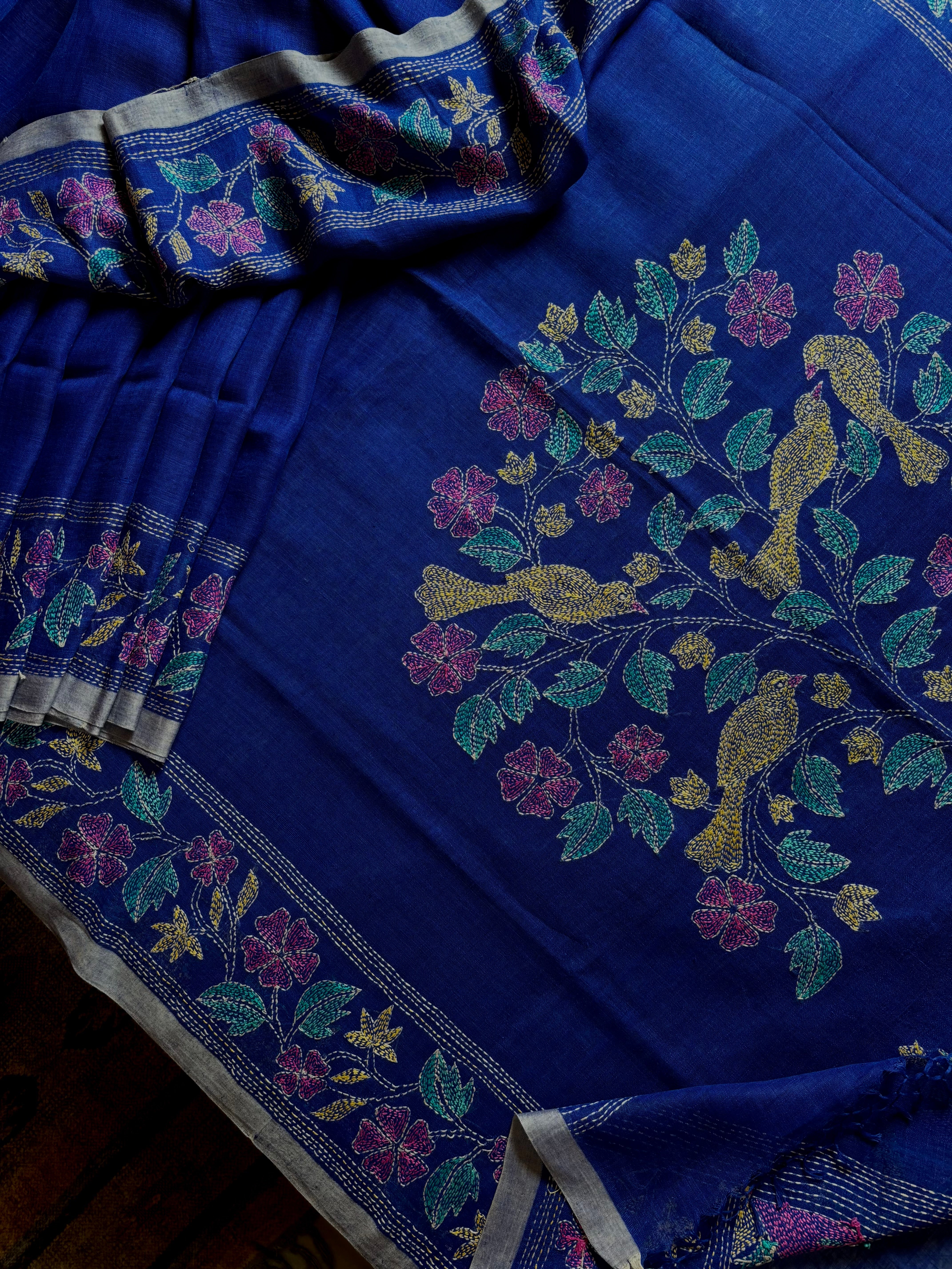 Handwoven Royal Blue Colour Linen Kantha Saree