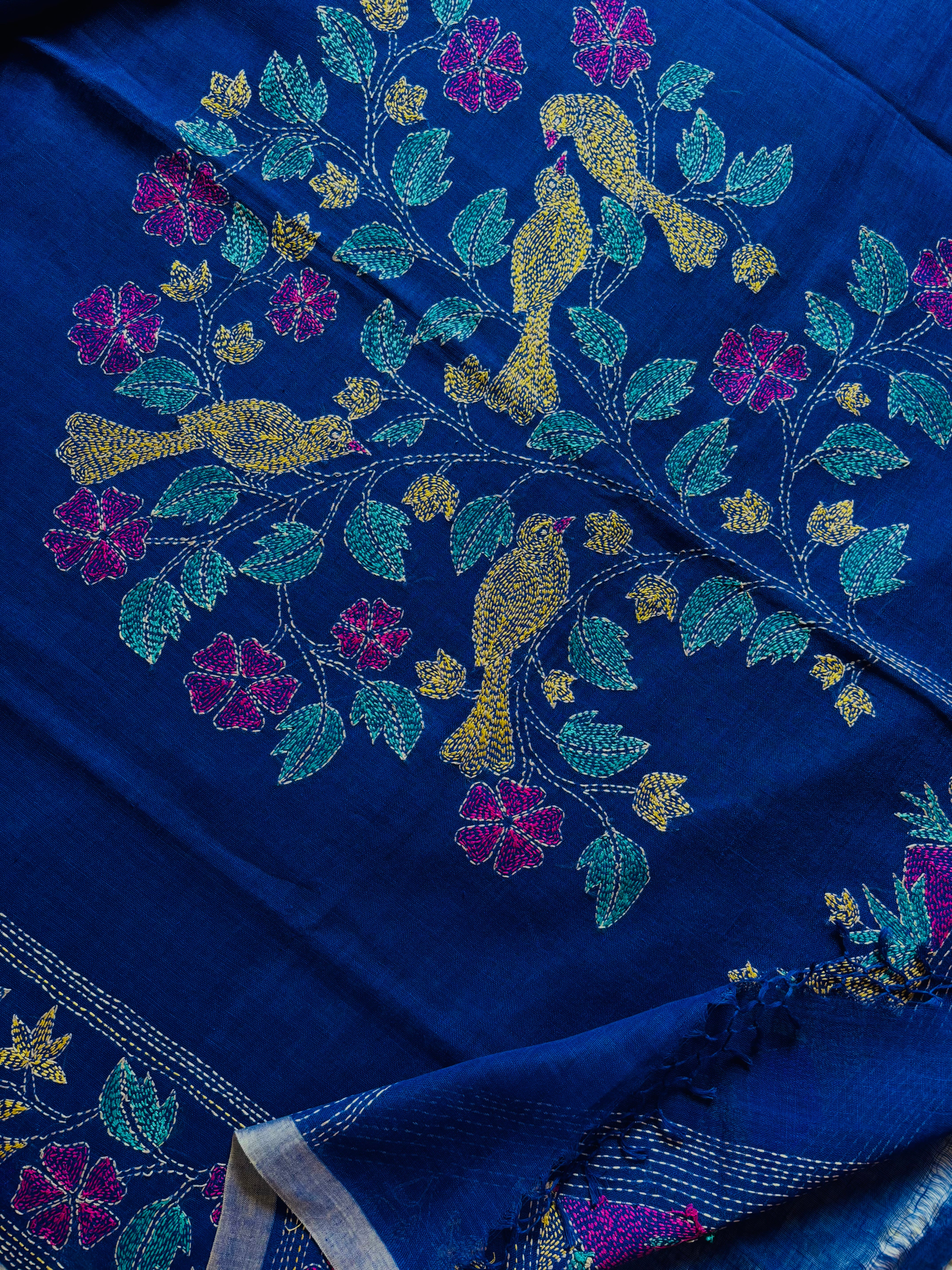 Handwoven Royal Blue Colour Linen Kantha Saree