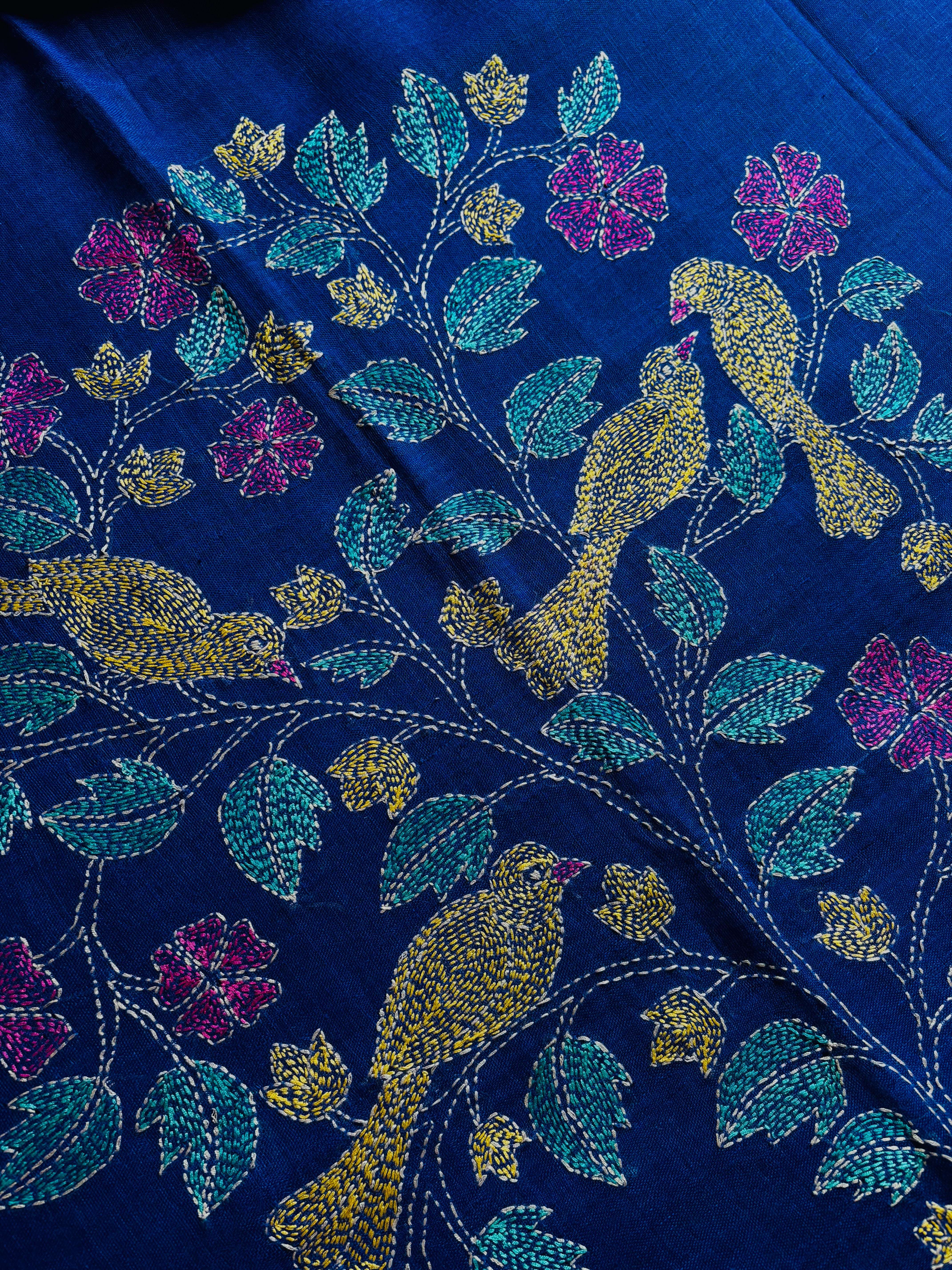 Handwoven Royal Blue Colour Linen Kantha Saree