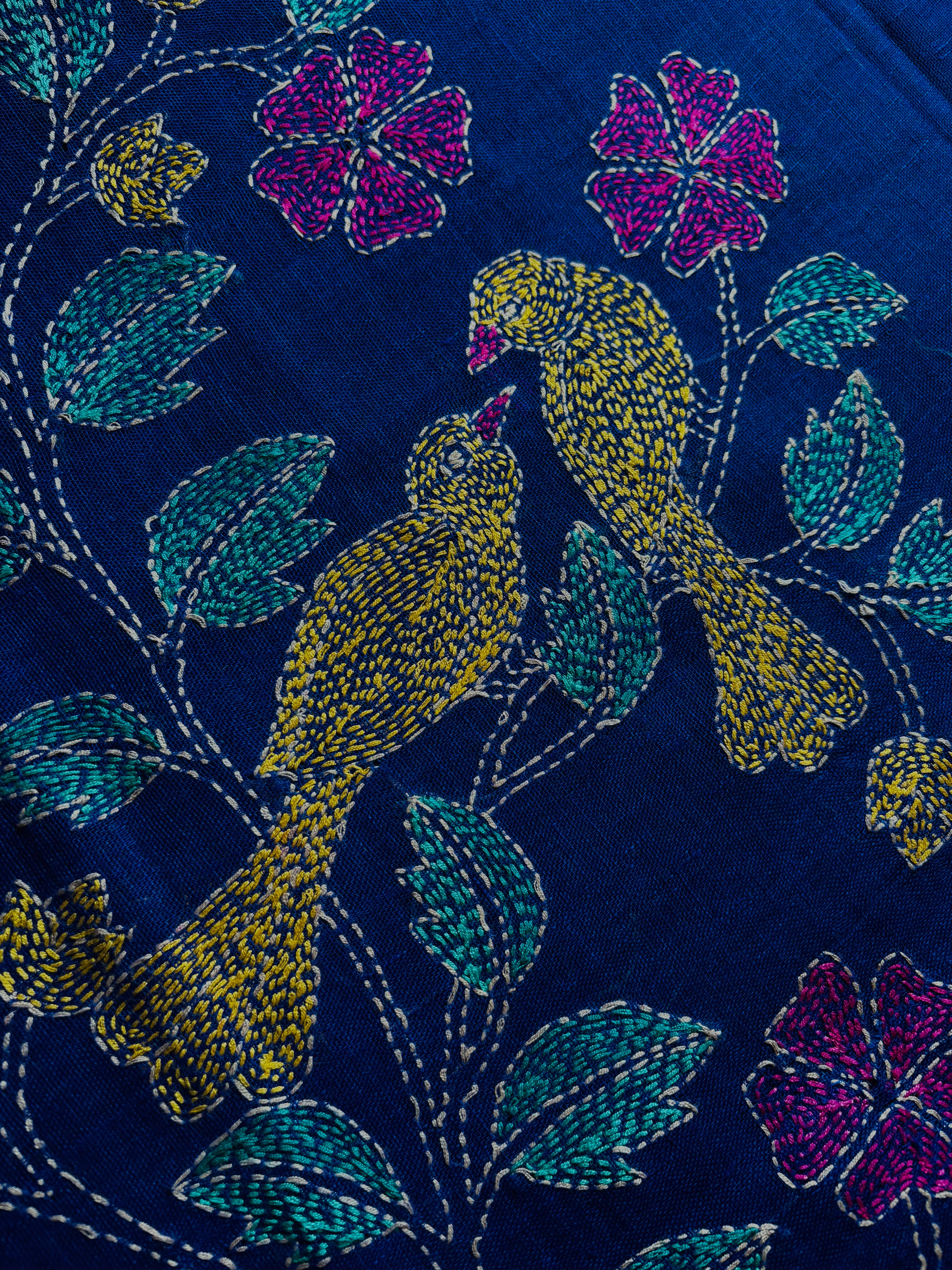 Handwoven Royal Blue Colour Linen Kantha Saree