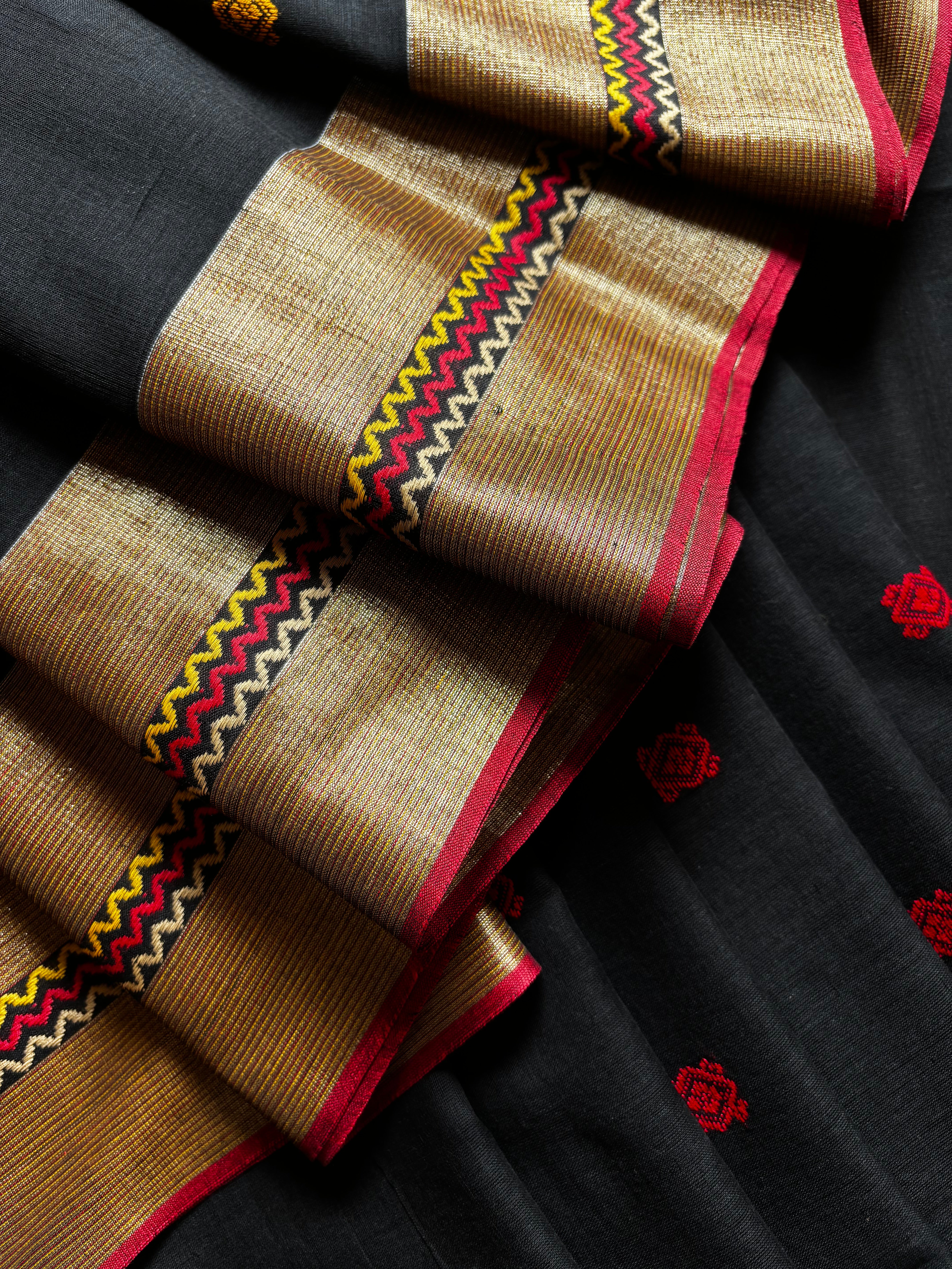 Handwoven Black Zari Border Phulia Cotton Saree