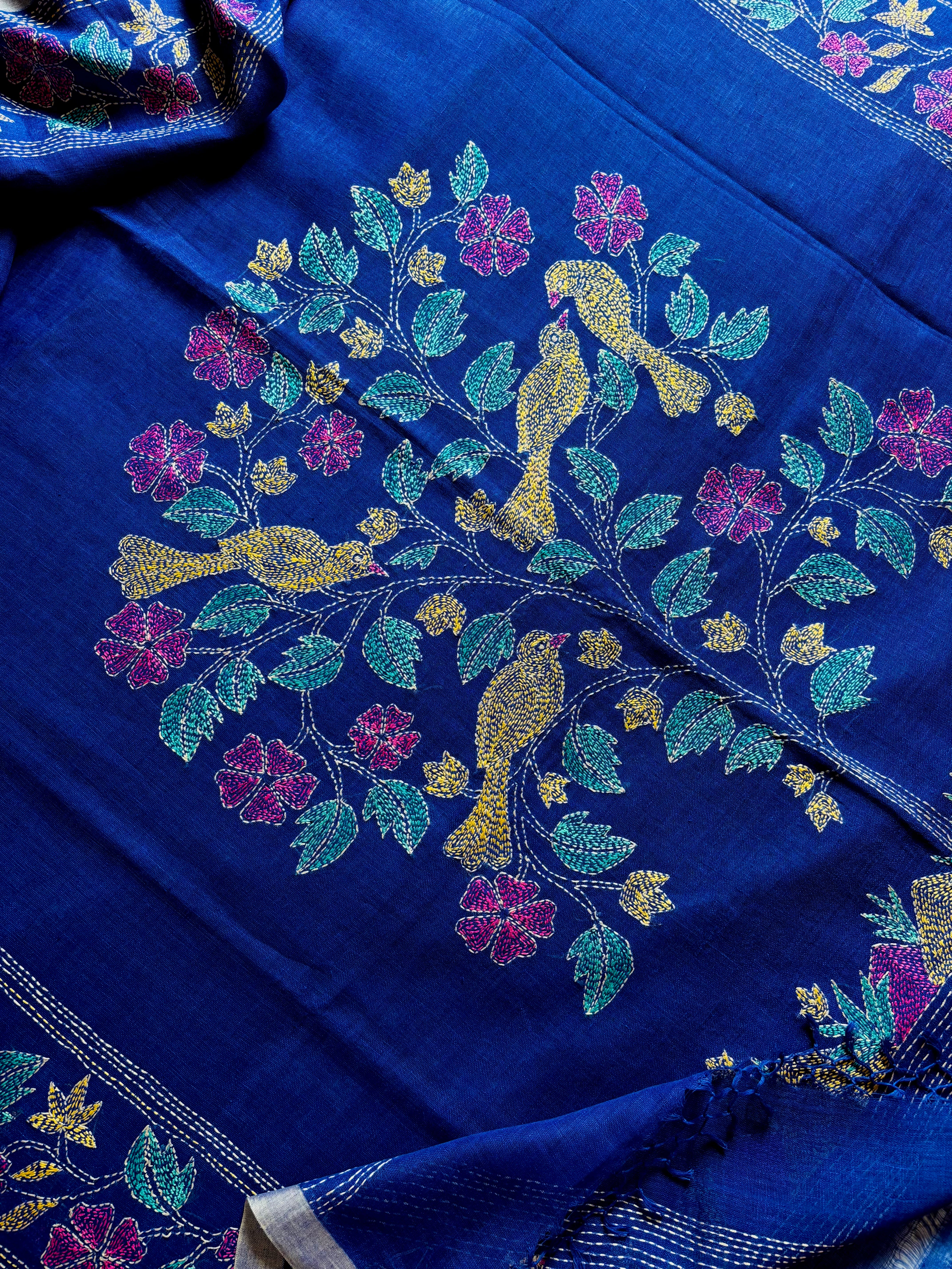 Handwoven Royal Blue Colour Linen Kantha Saree