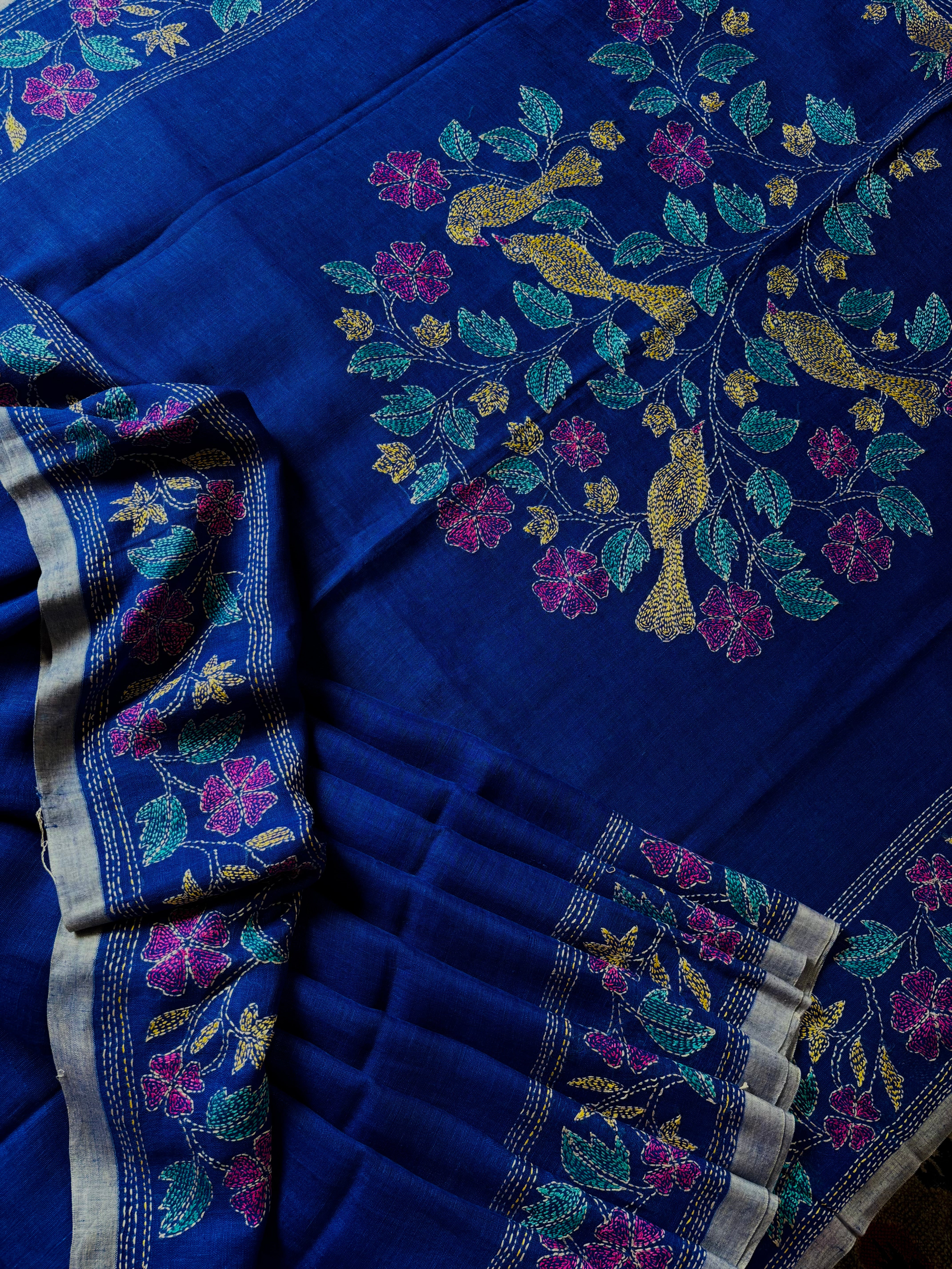 Handwoven Royal Blue Colour Linen Kantha Saree