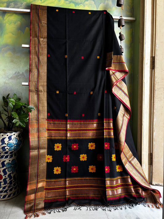 Handwoven Black Zari Border Phulia Cotton Saree