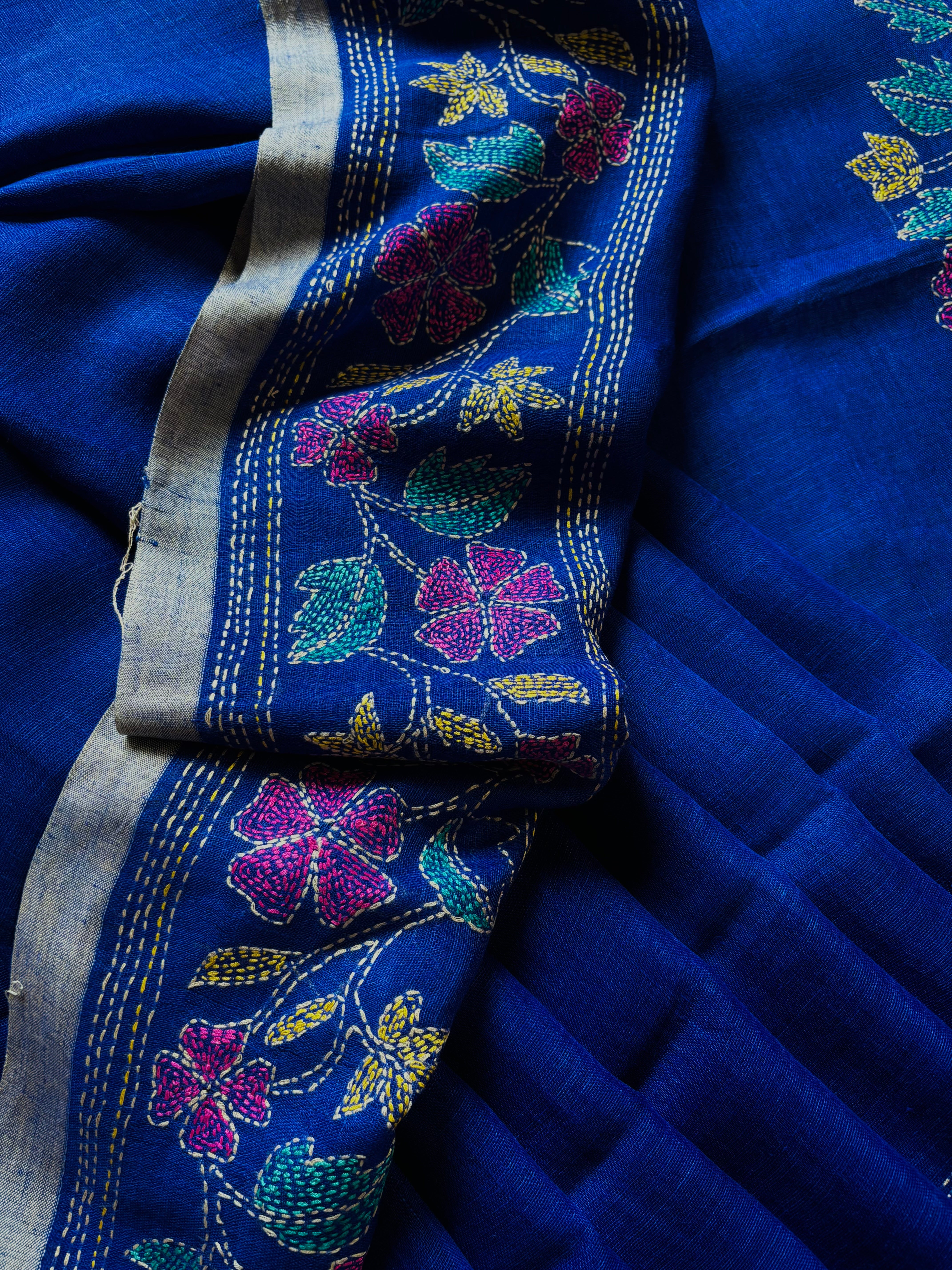 Handwoven Royal Blue Colour Linen Kantha Saree