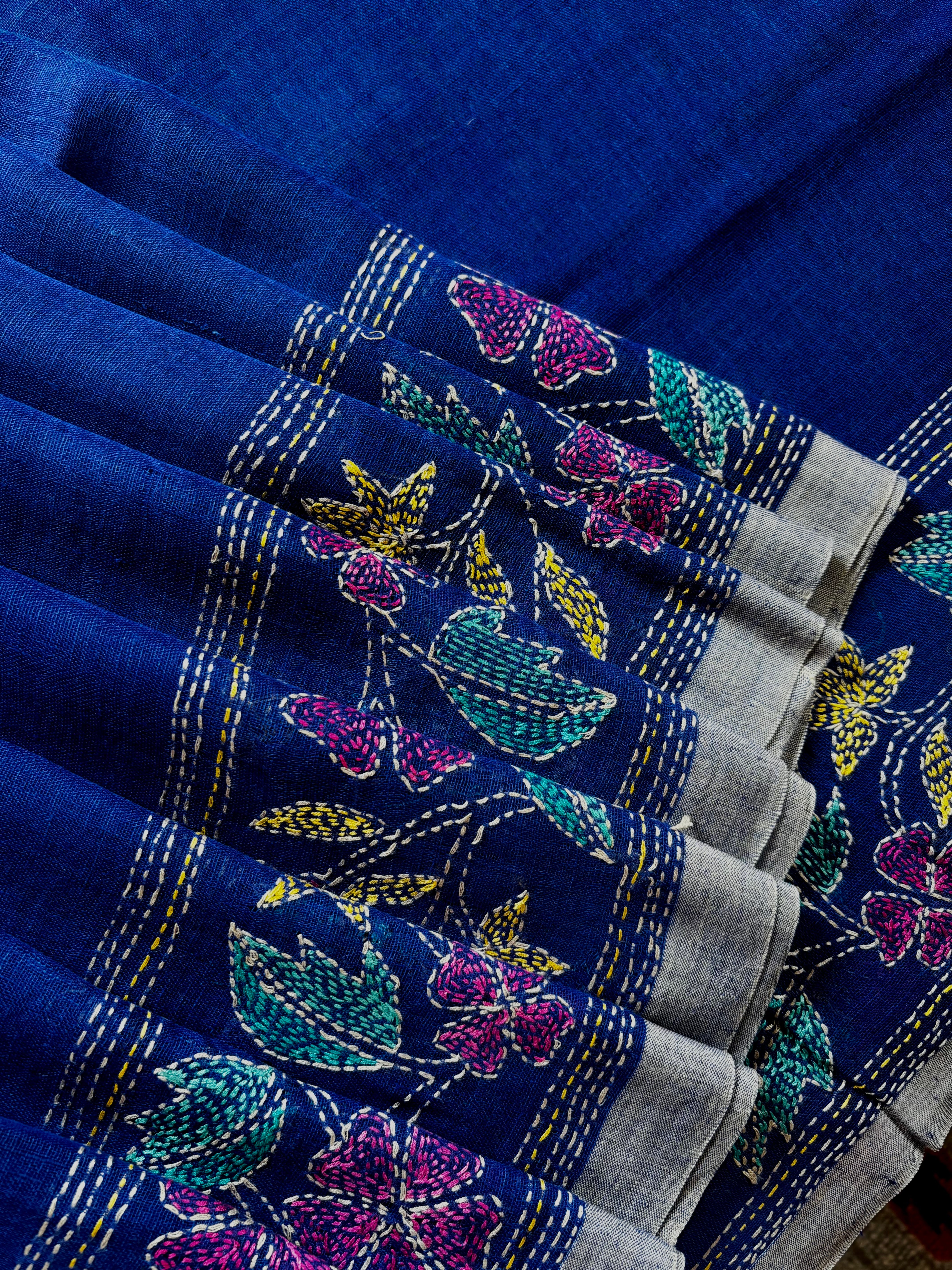Handwoven Royal Blue Colour Linen Kantha Saree