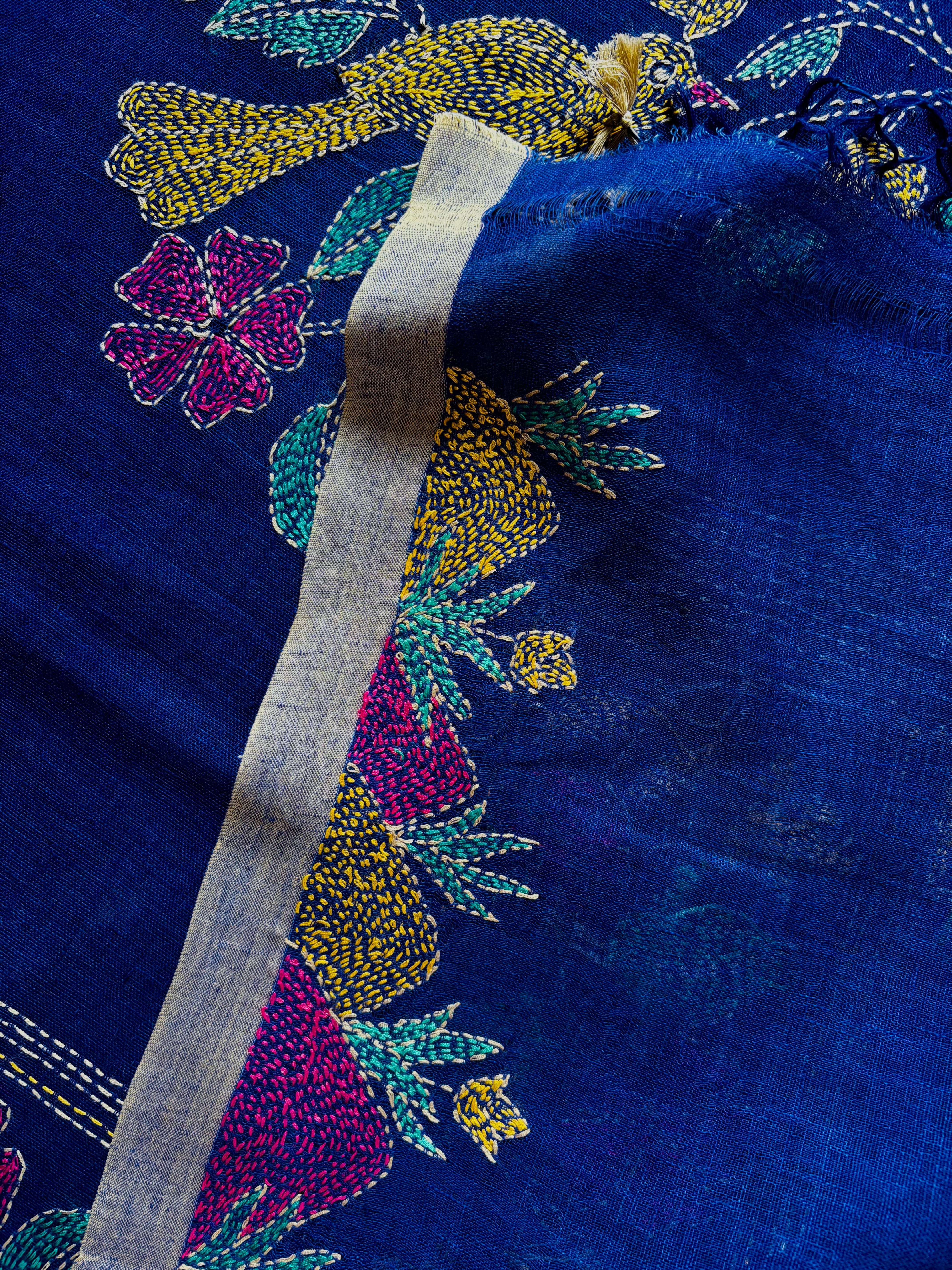 Handwoven Royal Blue Colour Linen Kantha Saree