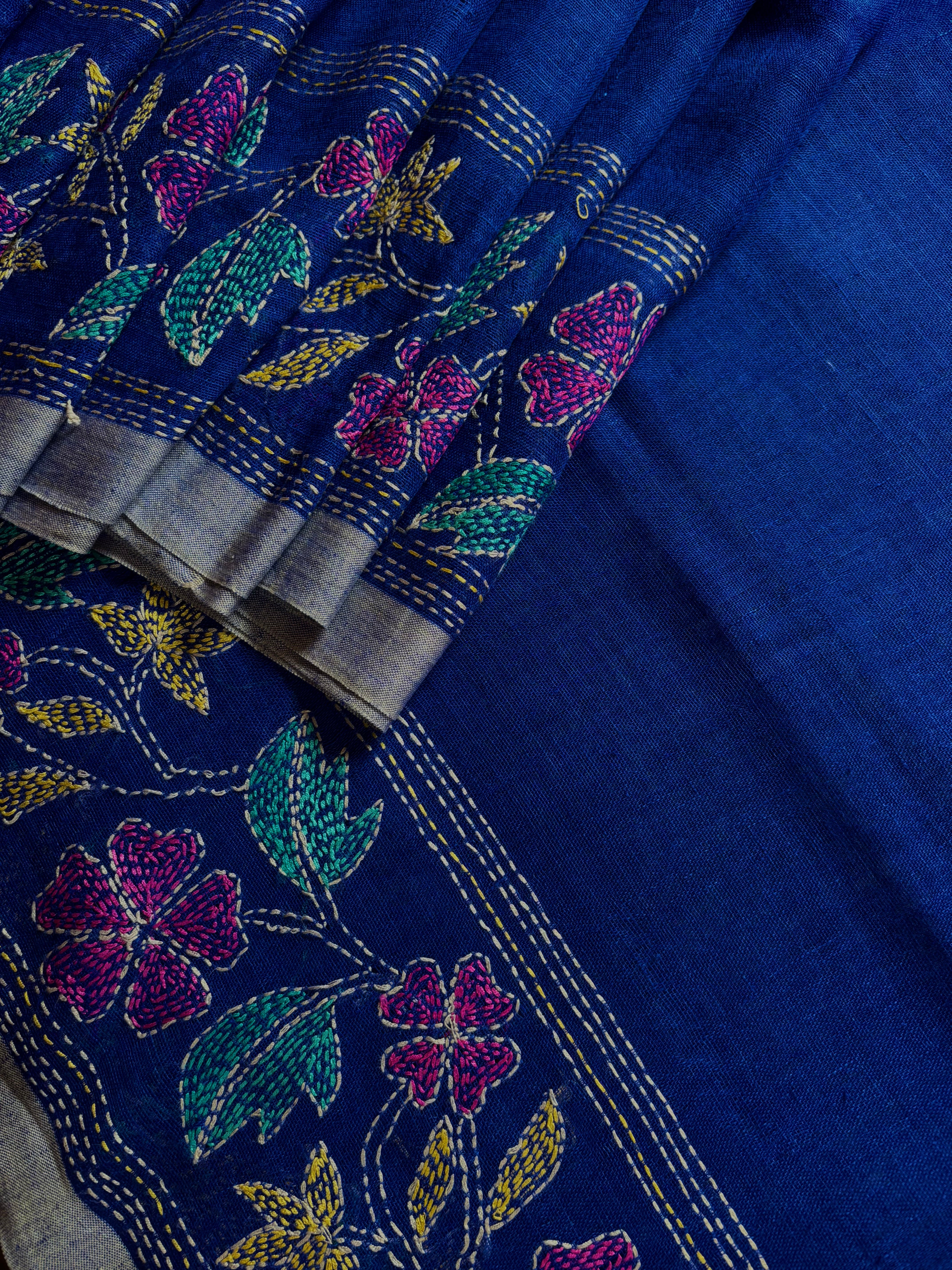 Handwoven Royal Blue Colour Linen Kantha Saree