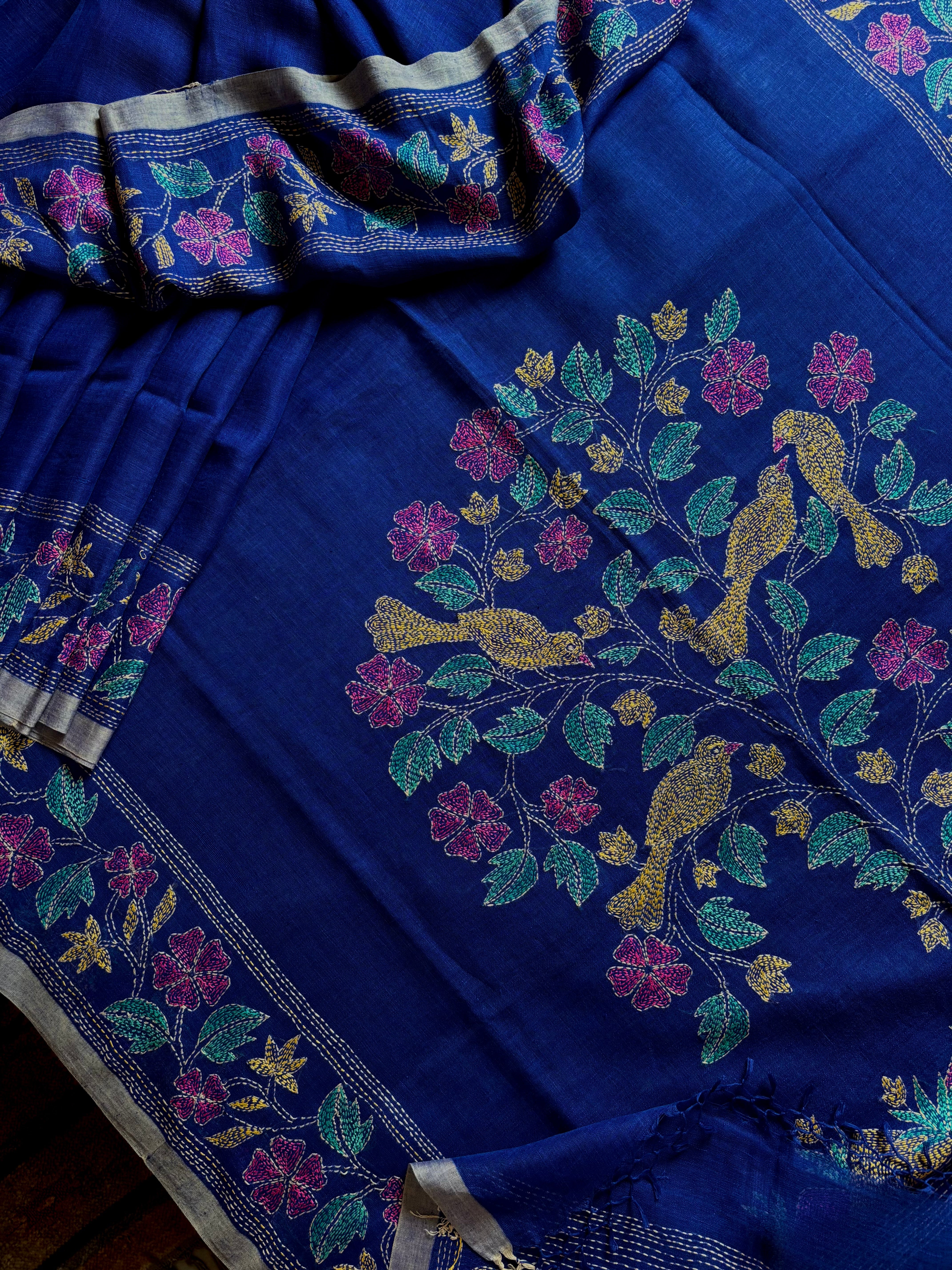 Handwoven Royal Blue Colour Linen Kantha Saree