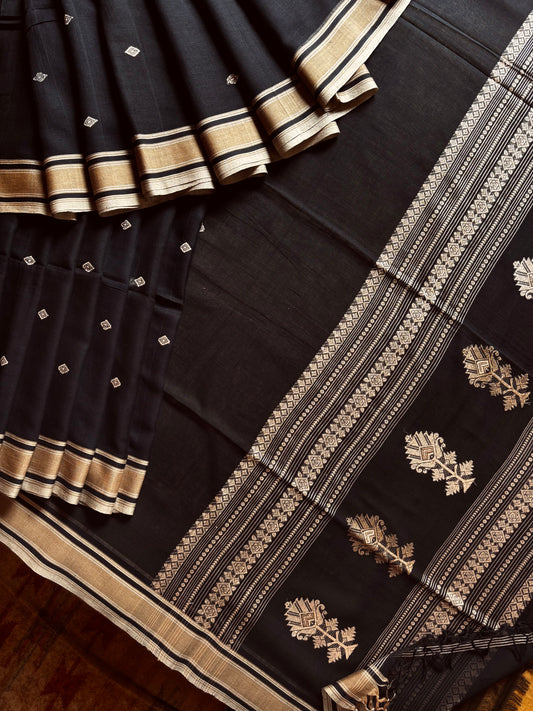 Handwoven Black Beige Phulia Cotton Saree
