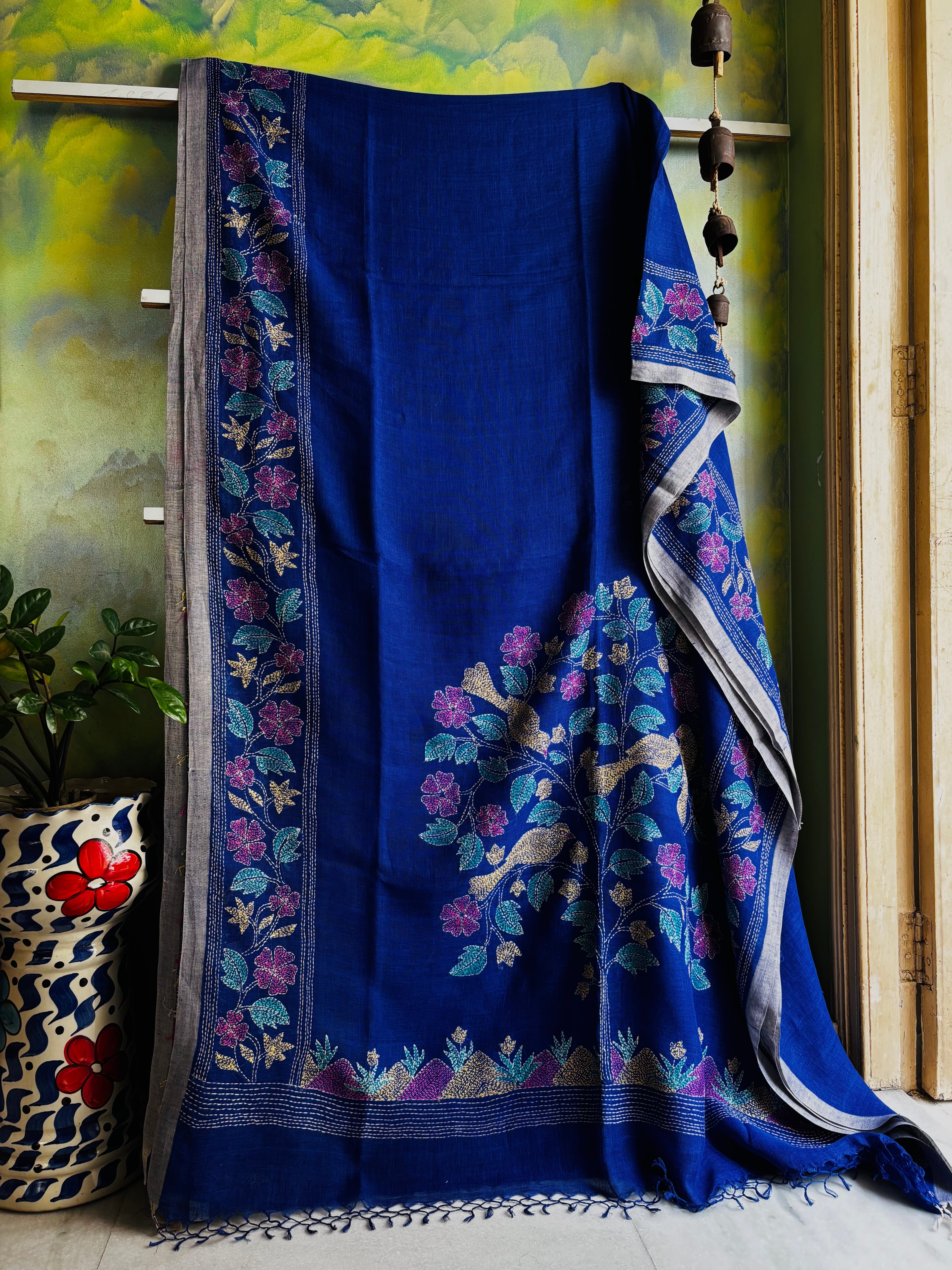 Handwoven Royal Blue Colour Linen Kantha Saree