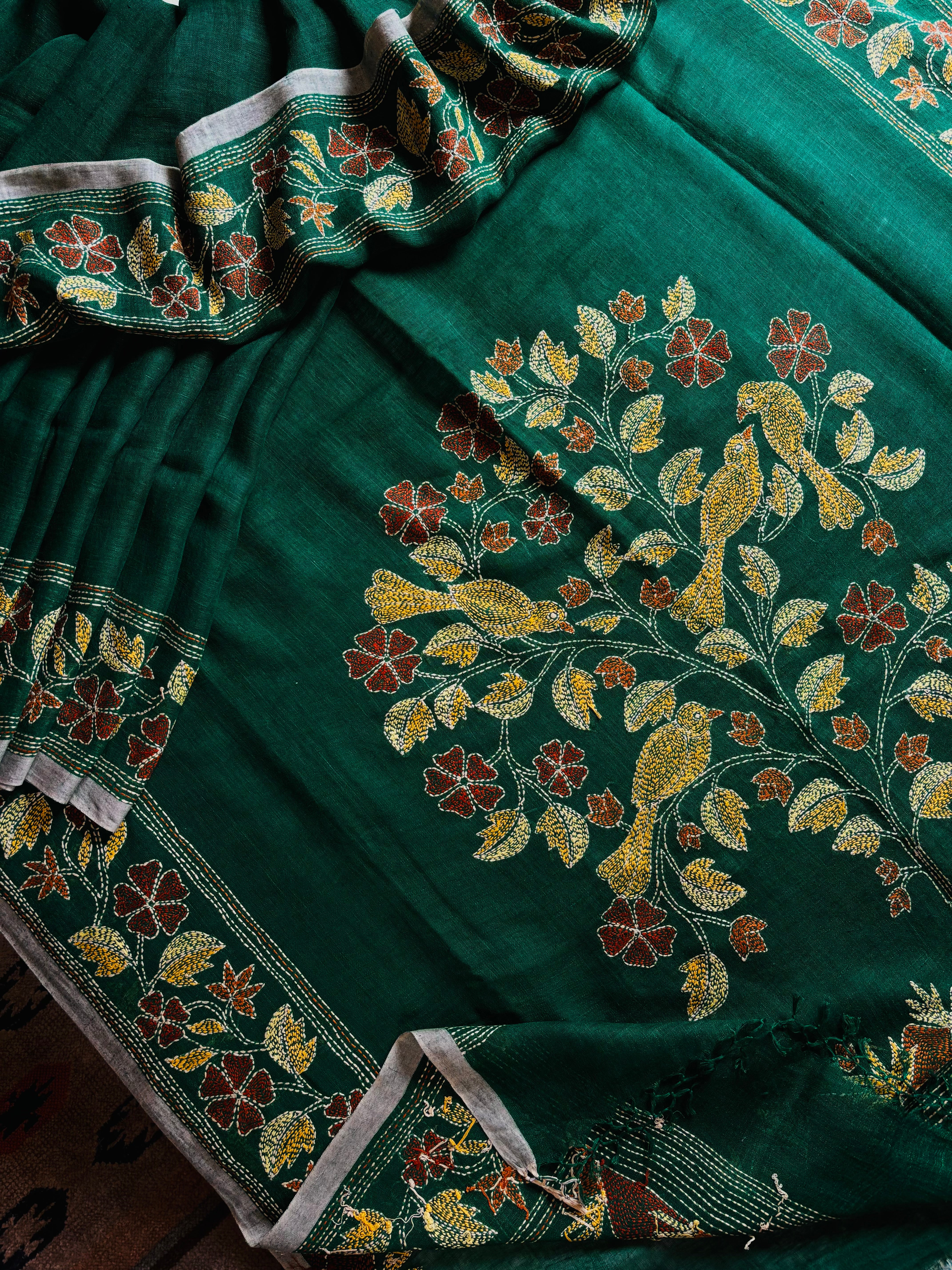 Handwoven Bottle Green Colour Linen Kantha Saree