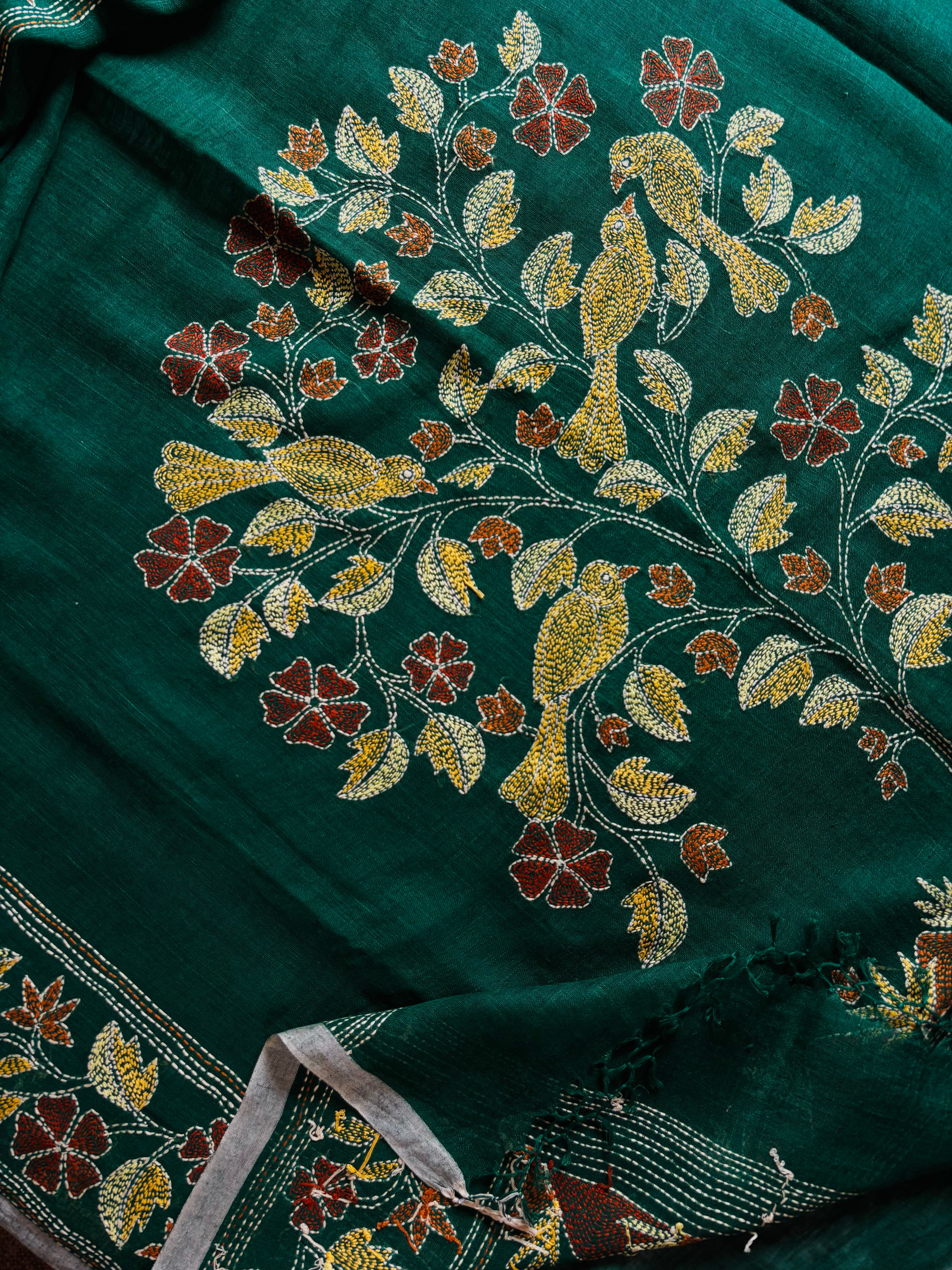Handwoven Bottle Green Colour Linen Kantha Saree