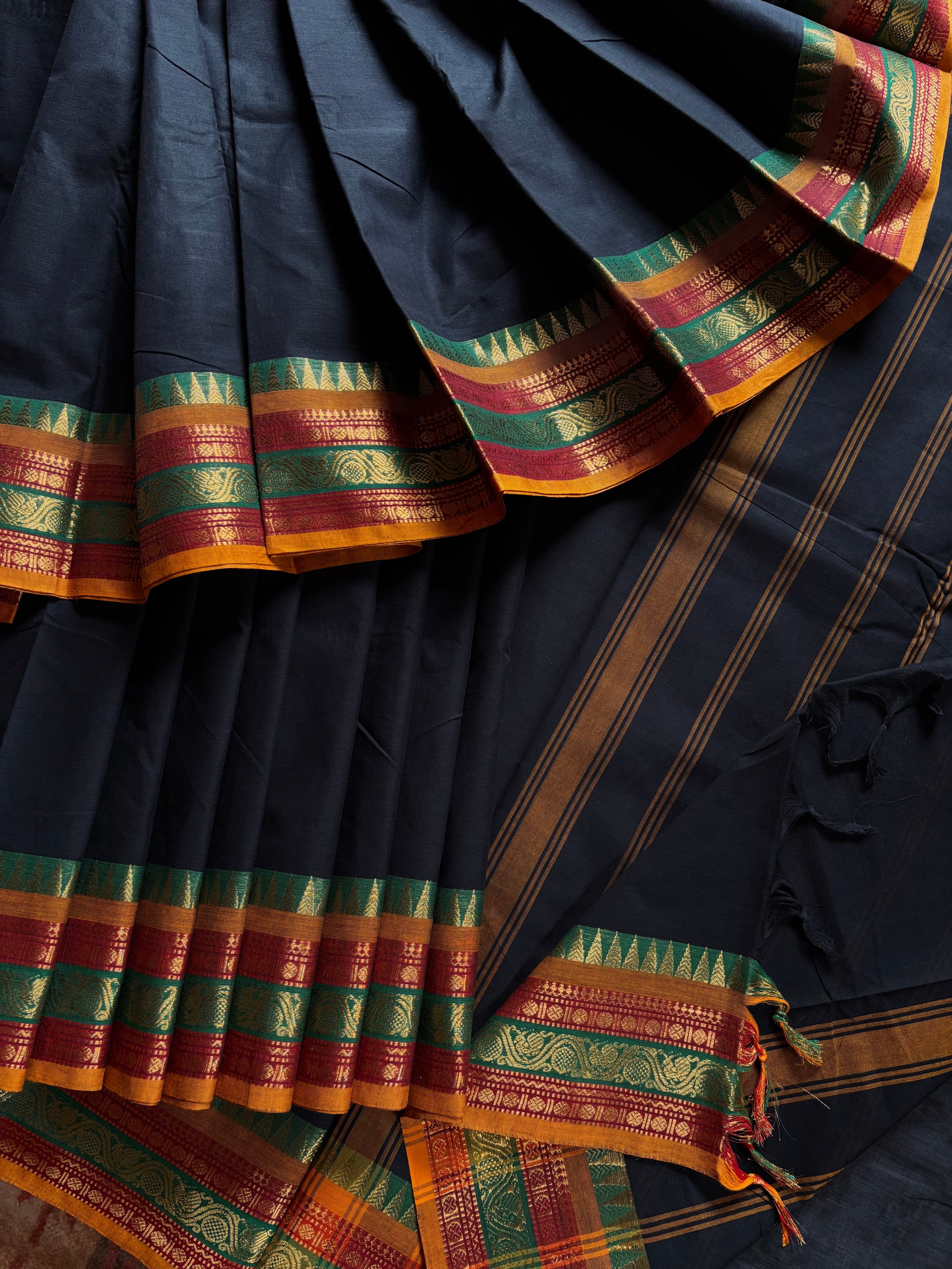 Pure Cotton Black with Red Yellow Kanchipuram Saree