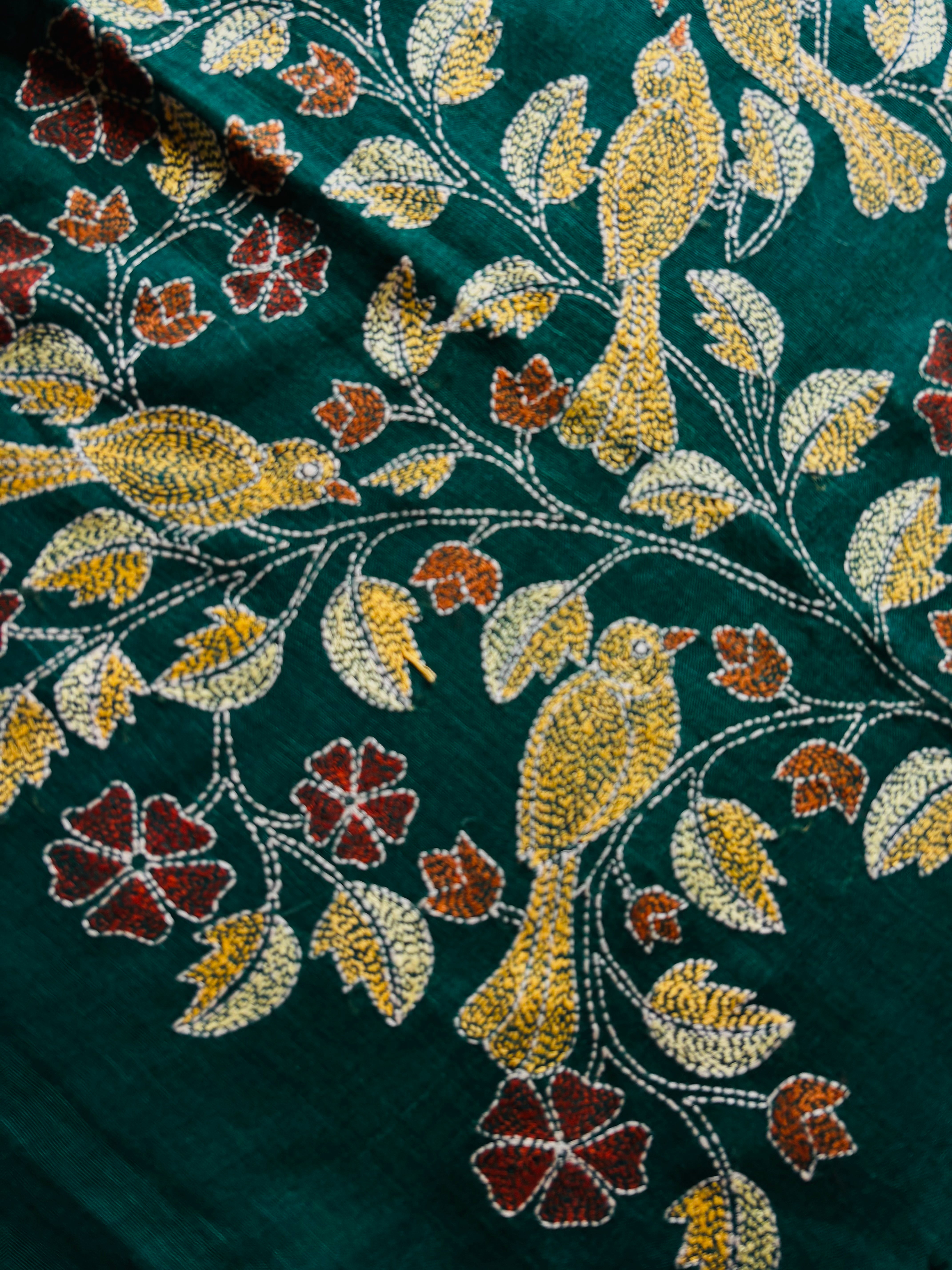 Handwoven Bottle Green Colour Linen Kantha Saree