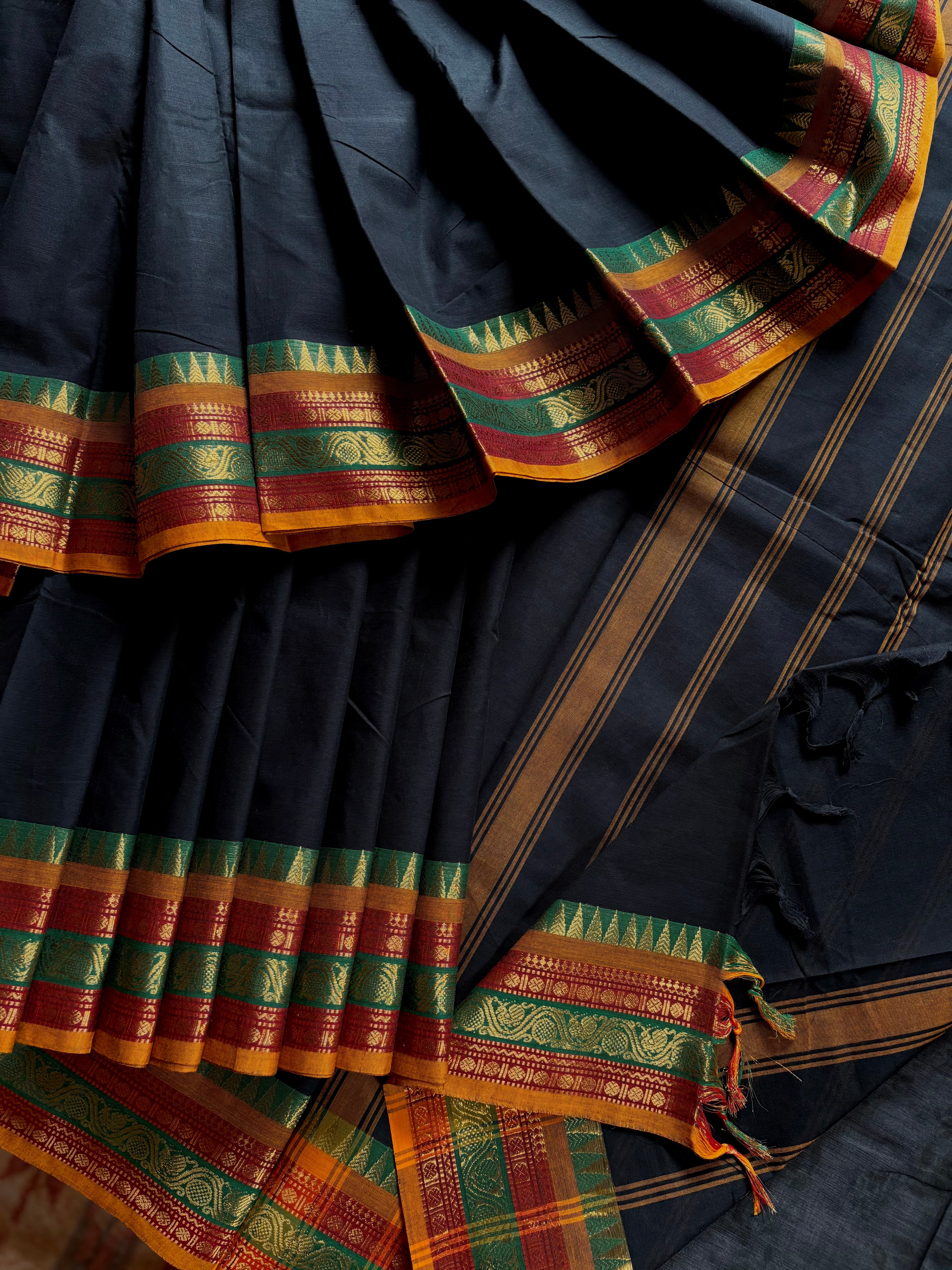Pure Cotton Black with Red Yellow Kanchipuram Saree