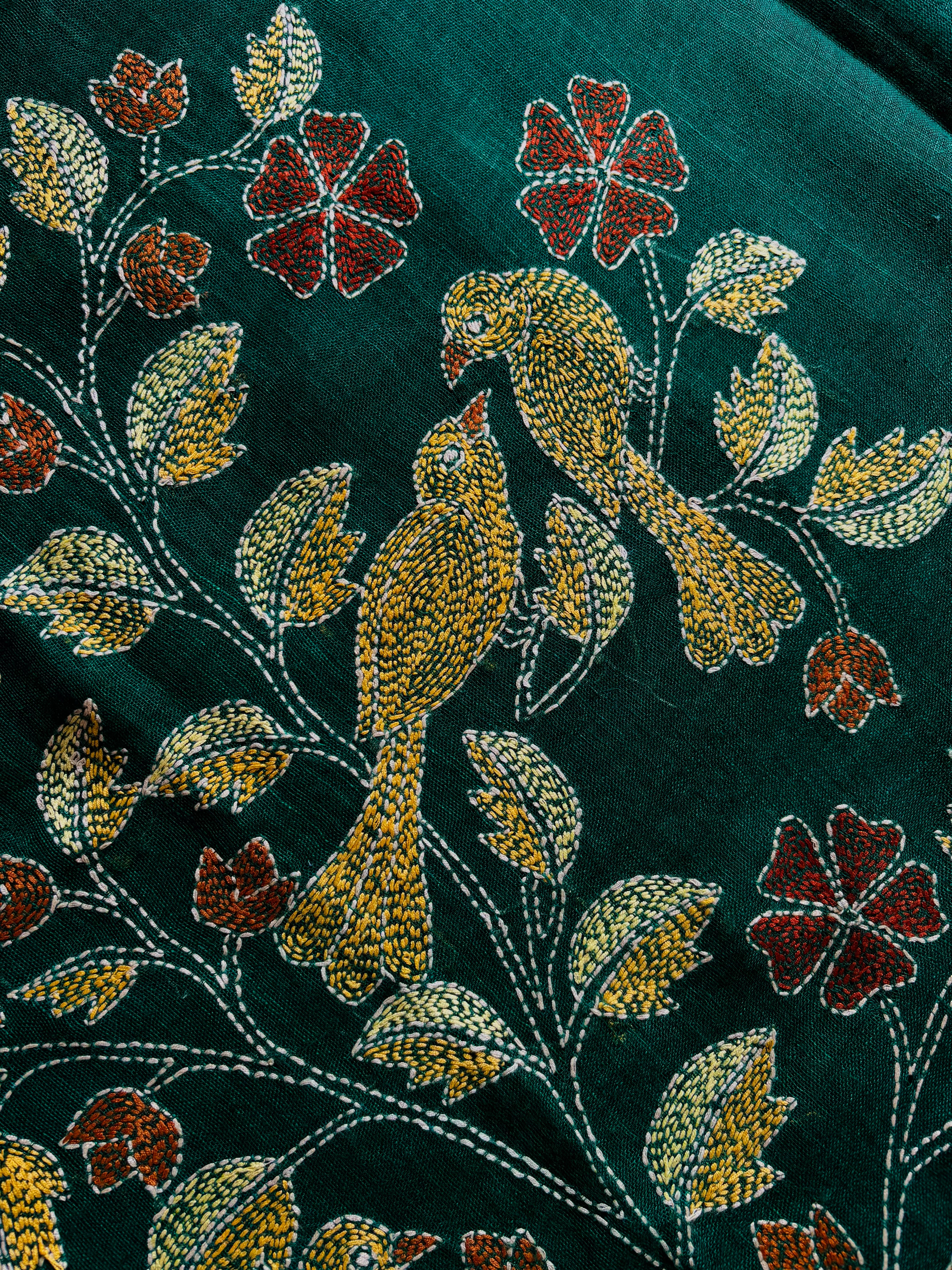 Handwoven Bottle Green Colour Linen Kantha Saree